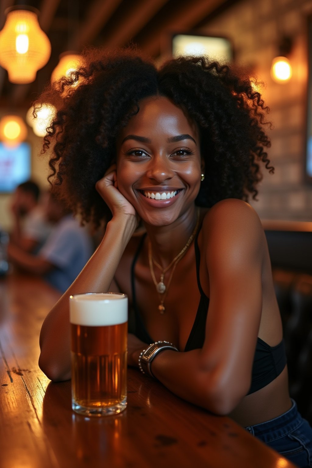 woman in a busy bar drinking beer. holding an intact pint glass mug of beer