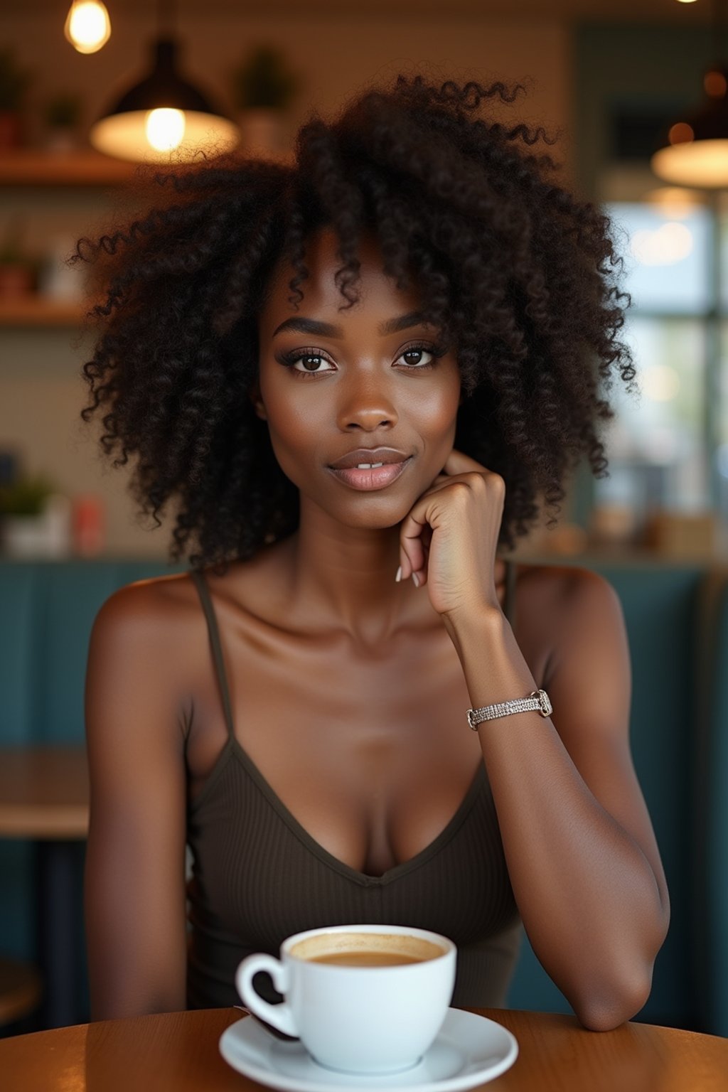 woman in hipster coffee place with coffee cup on table