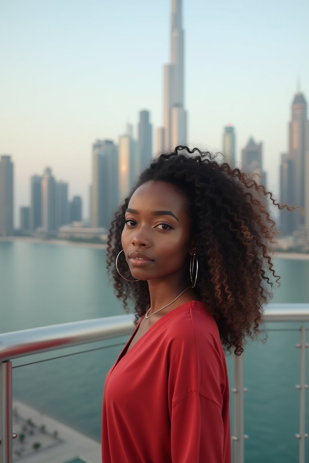 woman standing in front of city skyline viewpoint in Dubai with city skyline in background