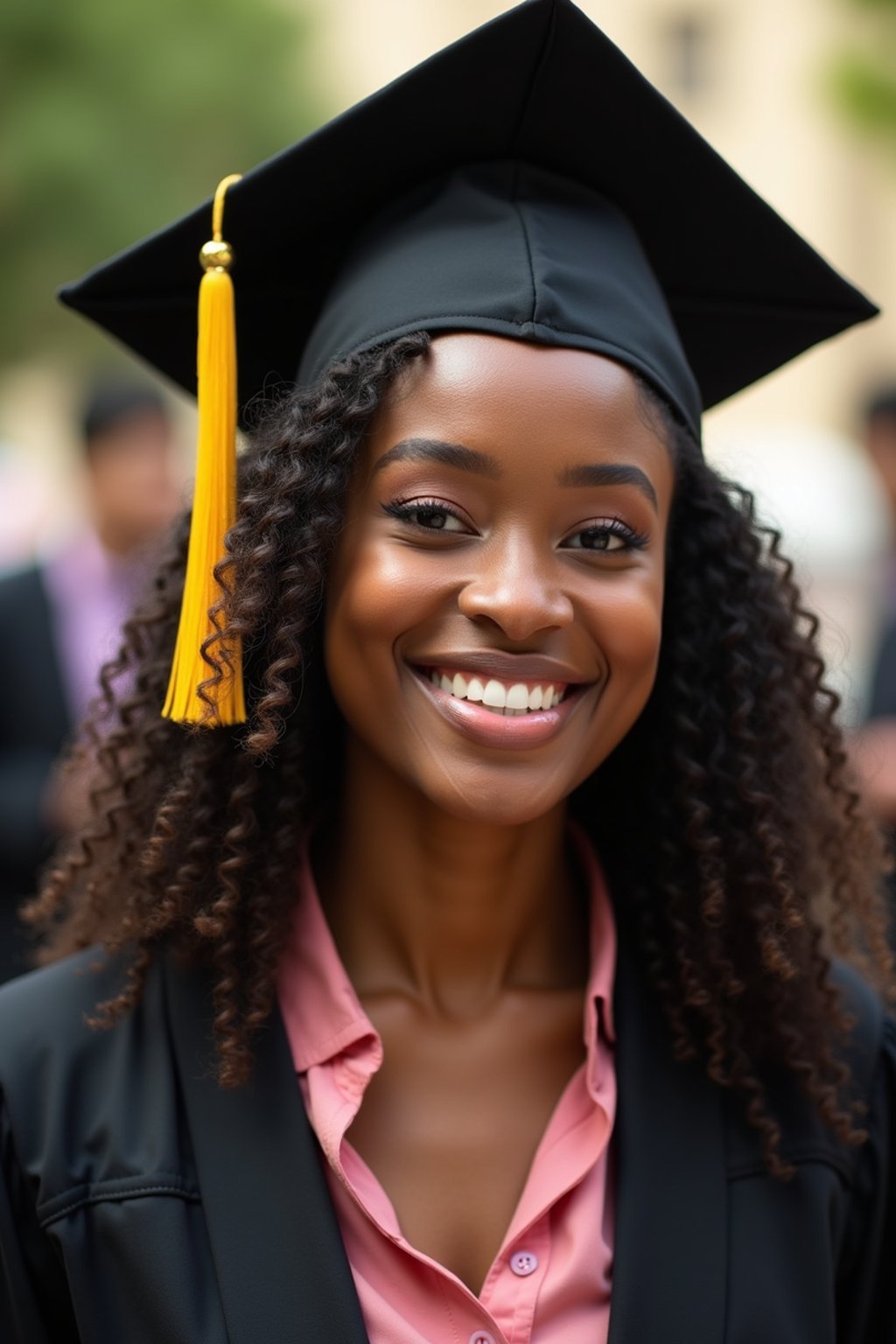 happy  woman in Graduation Ceremony wearing a square black Graduation Cap with yellow tassel at college