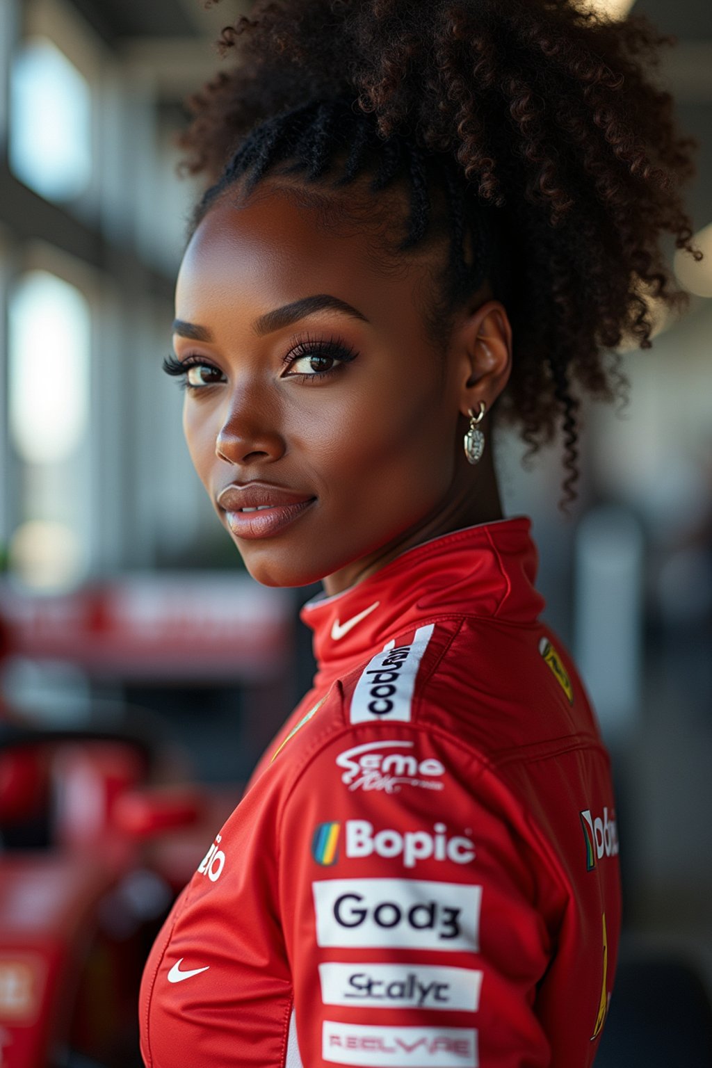 Ultra realistic photograph of woman as Formula 1 race driver