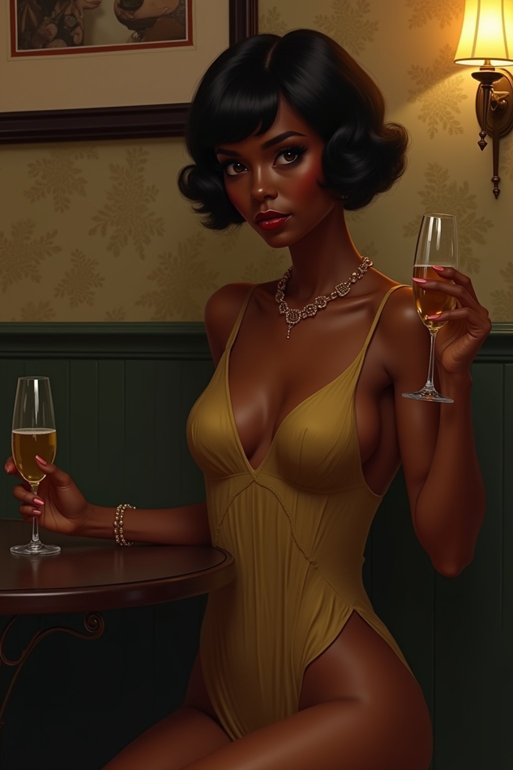 woman, dimly lit upscale 1920s speakeasy, relaxed pose, fantasy, art deco, detailed painterly digital art style by coles phillips and alfred charles parker, 🍸🍋