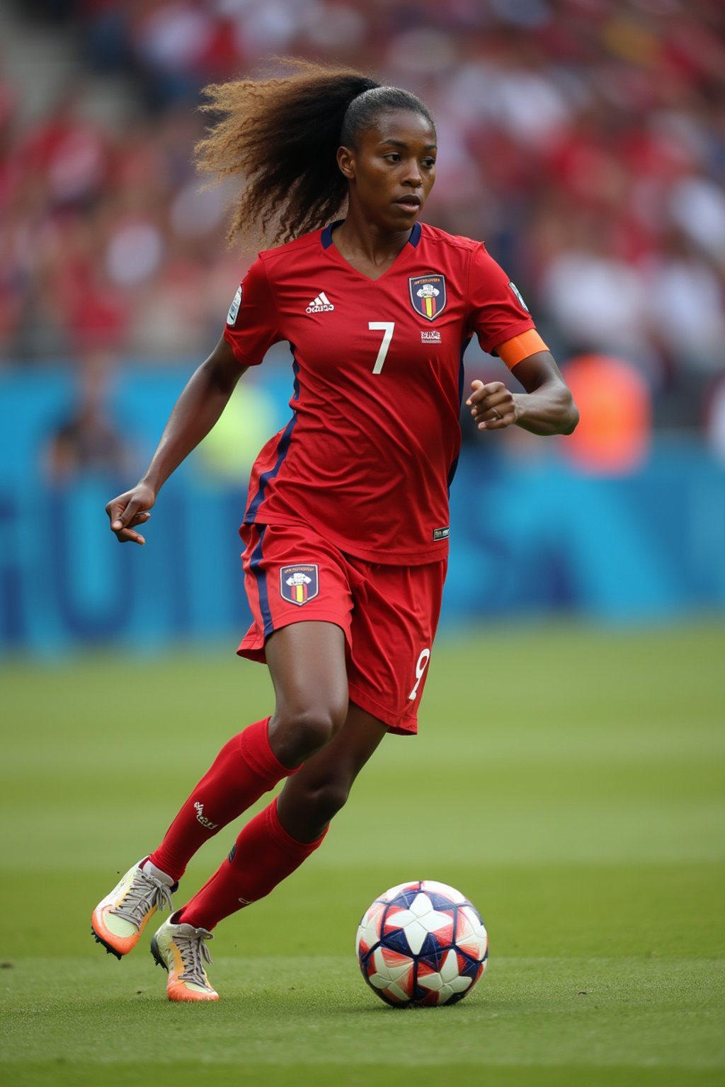 woman as Football Player in the FIFA World Cup playing in a Football Match