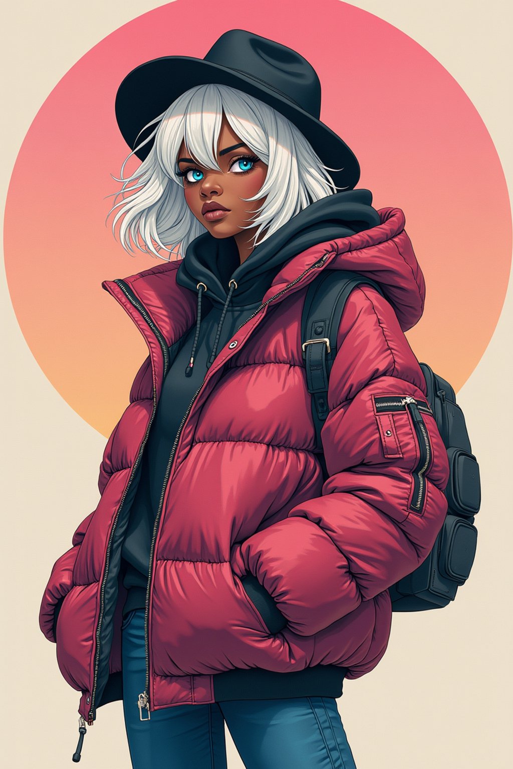 full body of a street punk woman student, blue eyes, bubble jacket, hat, white hair by atey ghailan, by greg rutkowski, by greg tocchini, by james gilleard, by joe fenton, by kaethe butcher, gradient pink, black, brown and light blue color scheme, grunge aesthetic