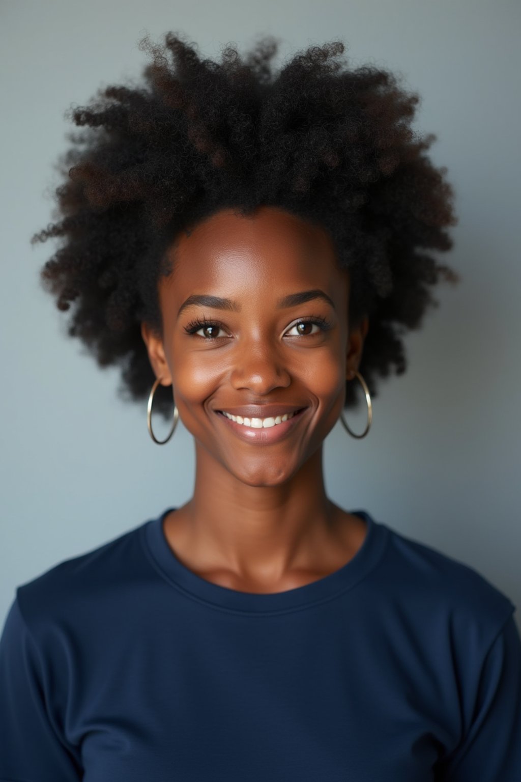 woman as official passport photo for government documents. wearing a dark blue navy t-shirt. photorealistic. light gray background. entire face visible. entire head visible