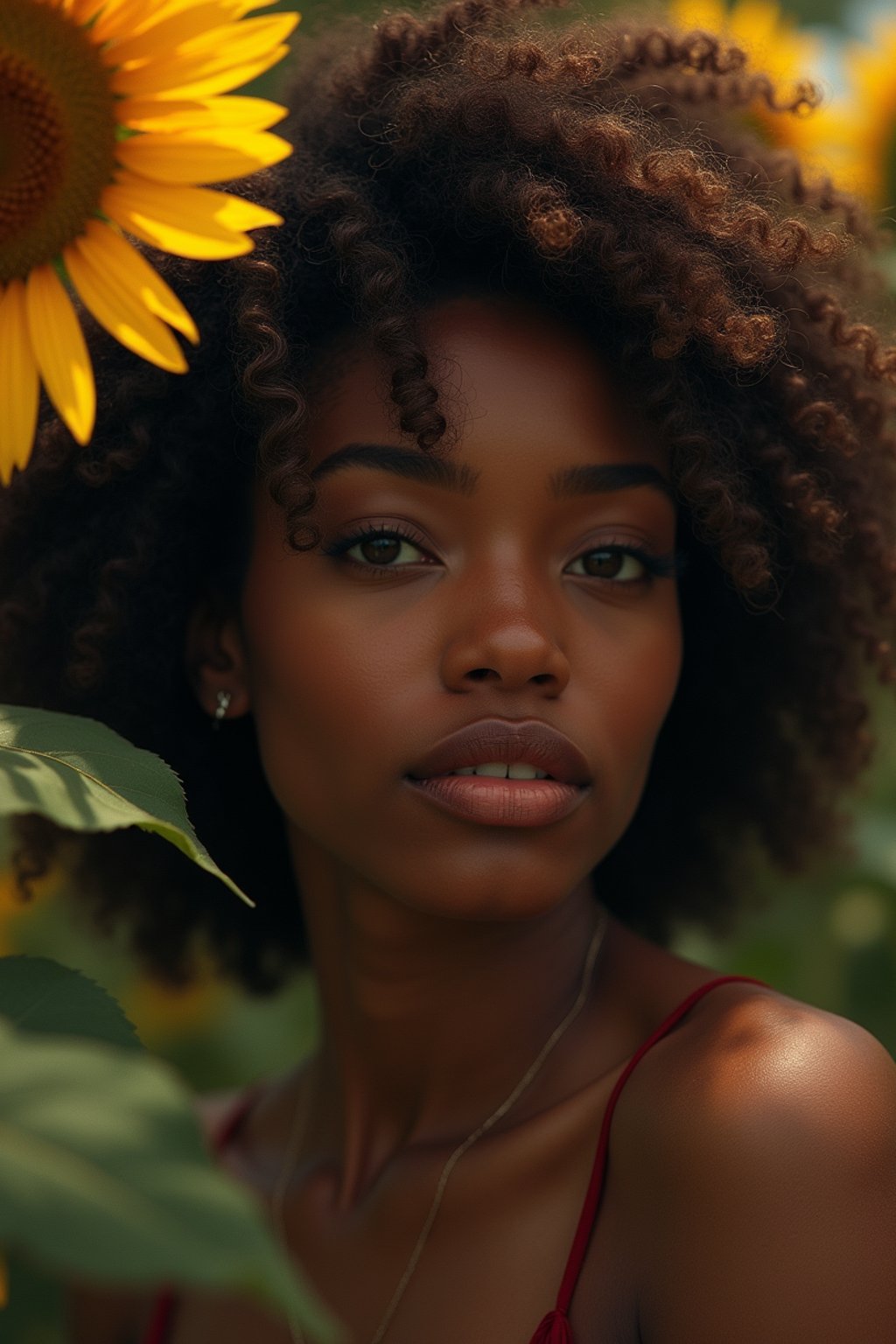 Close face shot of a woman with a sunflower in hair, summer season, moody scene,, intricate, sharp details, summer vibe, gorgeous scene by gaston bussiere, craig mullins, somber lighting, drawn by giacomo burattini, inspired by graphic novel cover art, hyperrealistic, 8 k by rhads