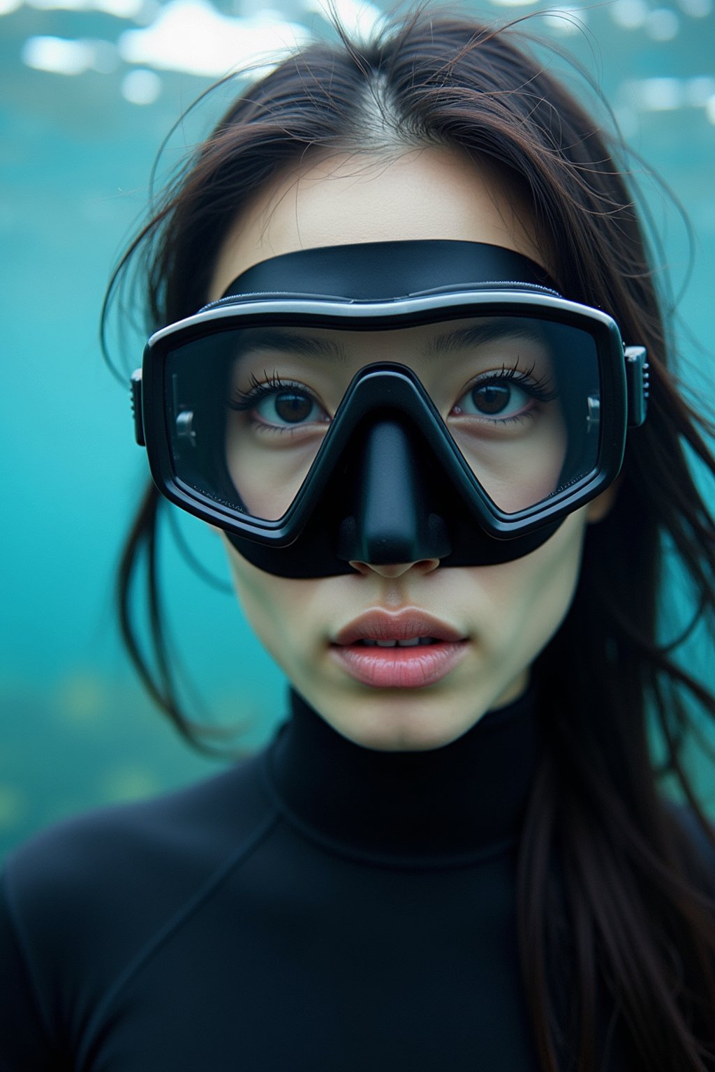 woman as a scuba diver wearing diving goggles and wearing a wetsuit