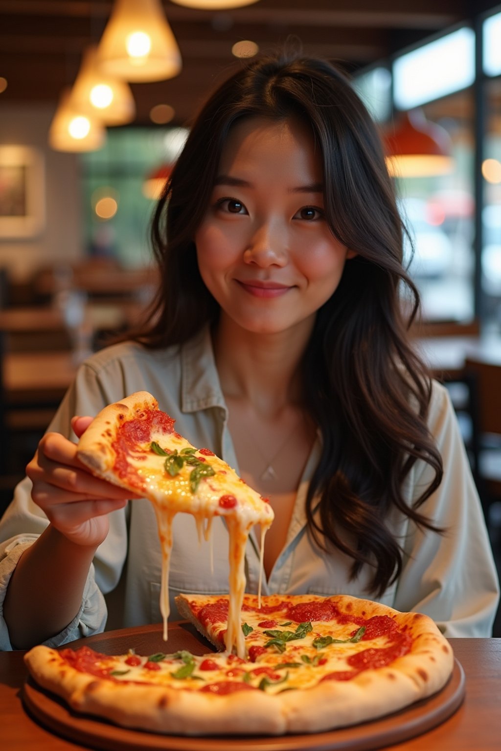 woman sitting in a restaurant eating a large pizza