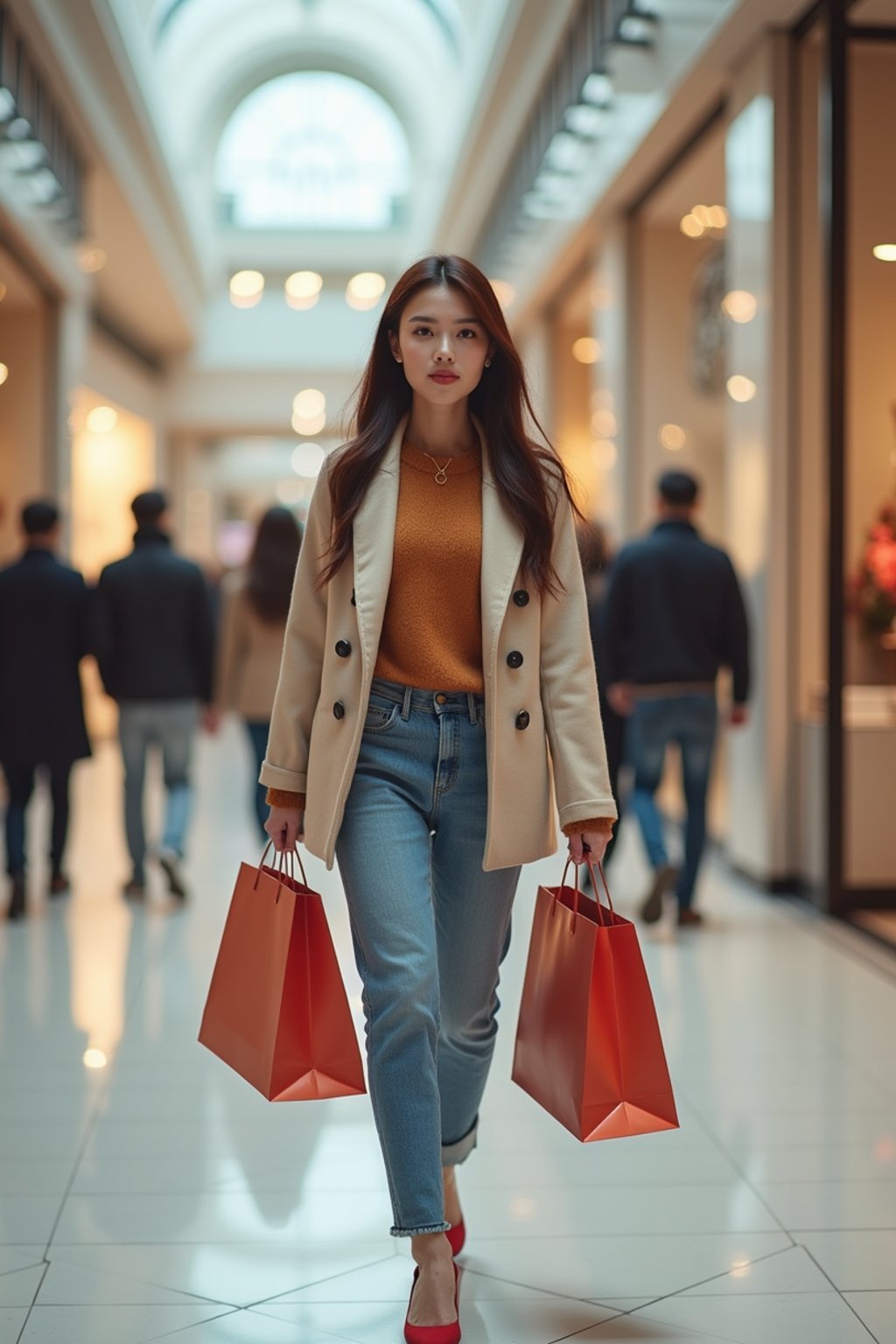 woman walking in a shopping mall, holding shopping bags. shops in background