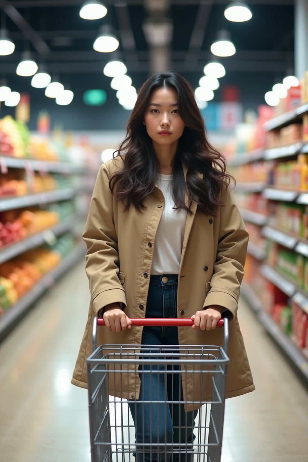 woman in Supermarket walking with Shopping Cart in the Supermarket Aisle. Background of Supermarket