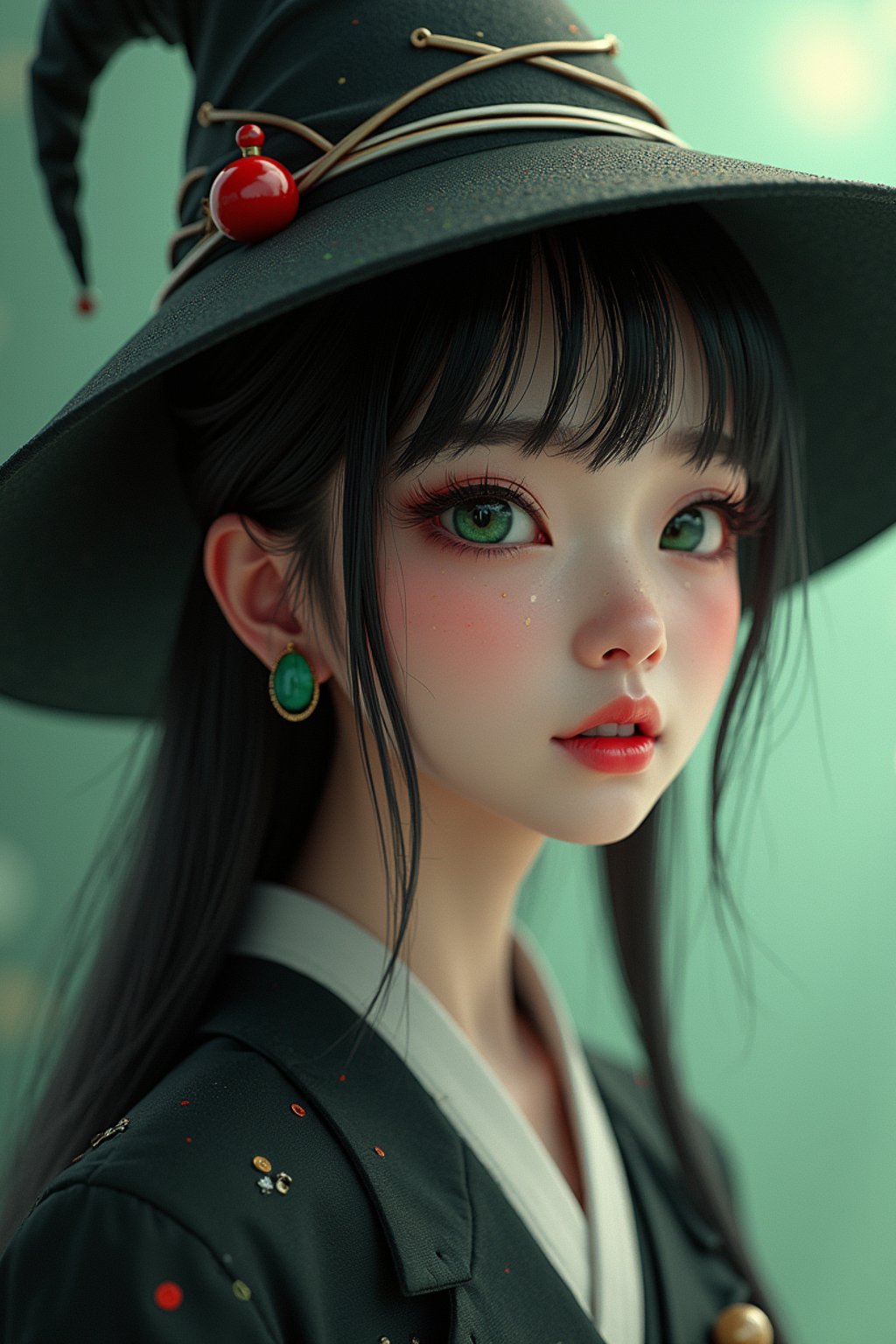 woman as the personification of the Halloween holiday in the form of woman with a villain's smile, (cute)cute hats, cute cheeks, unreal engine, highly detailed, artgerm digital illustration, woo tooth, studio ghibli, deviantart, sharp focus, artstation, by Alexei Vinogradov bakery, sweets, emerald eyes