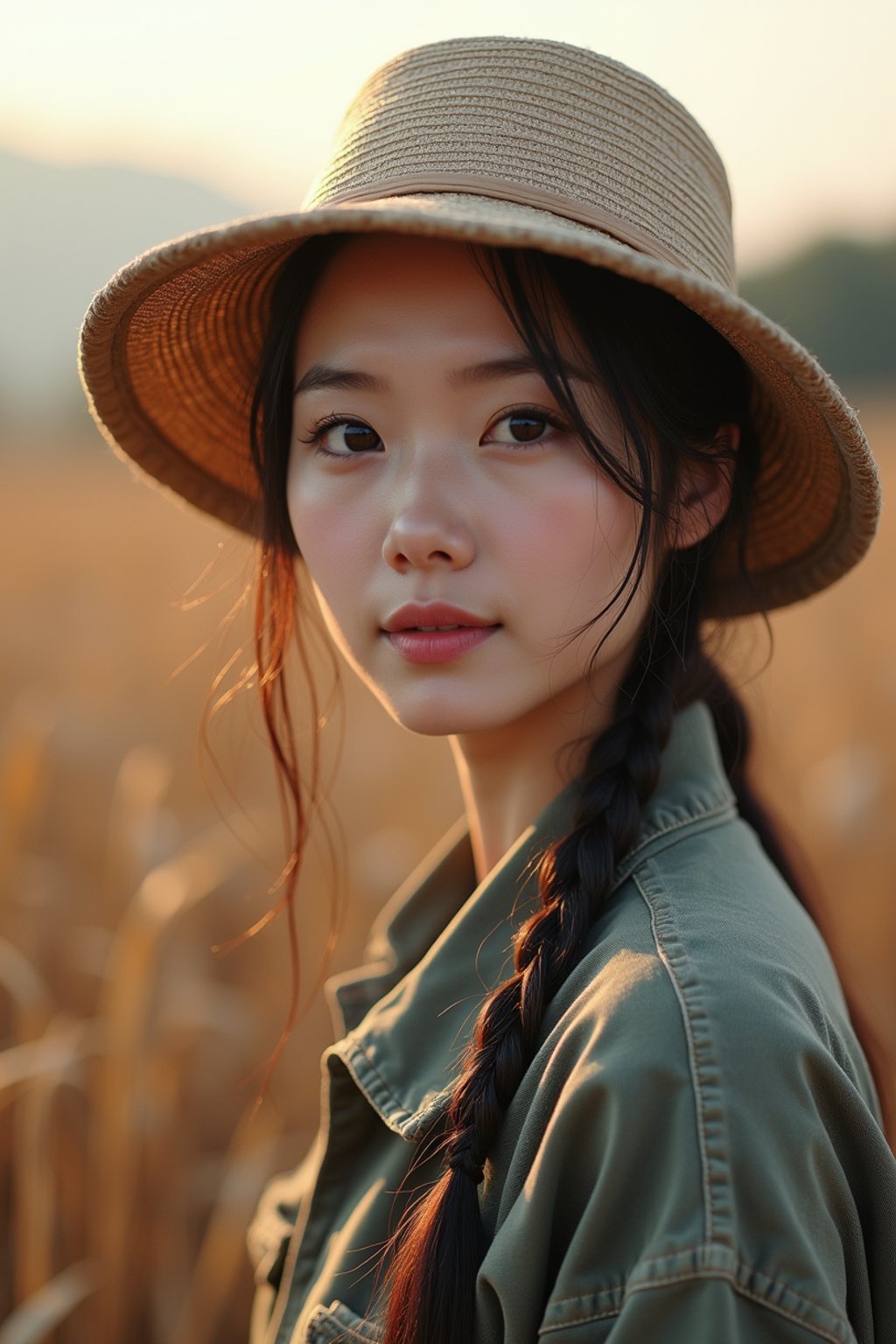 woman farmer with farm in background