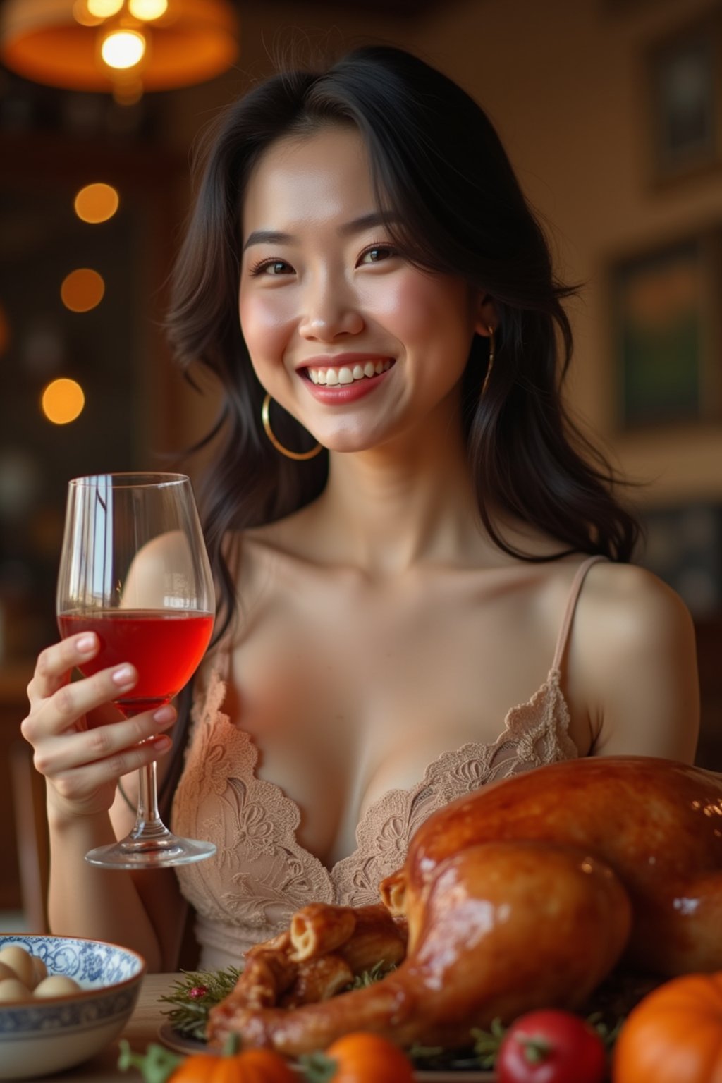 woman celebrating Thanksgiving with cocktail and turkey meat in background