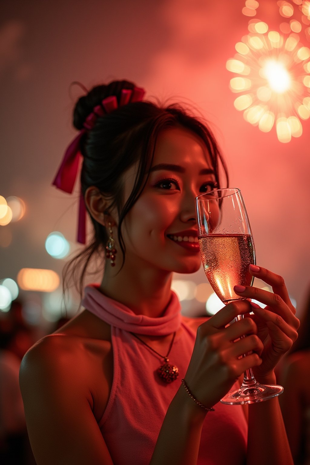 woman celebrating New Year's Eve with champagne and Fireworks in background