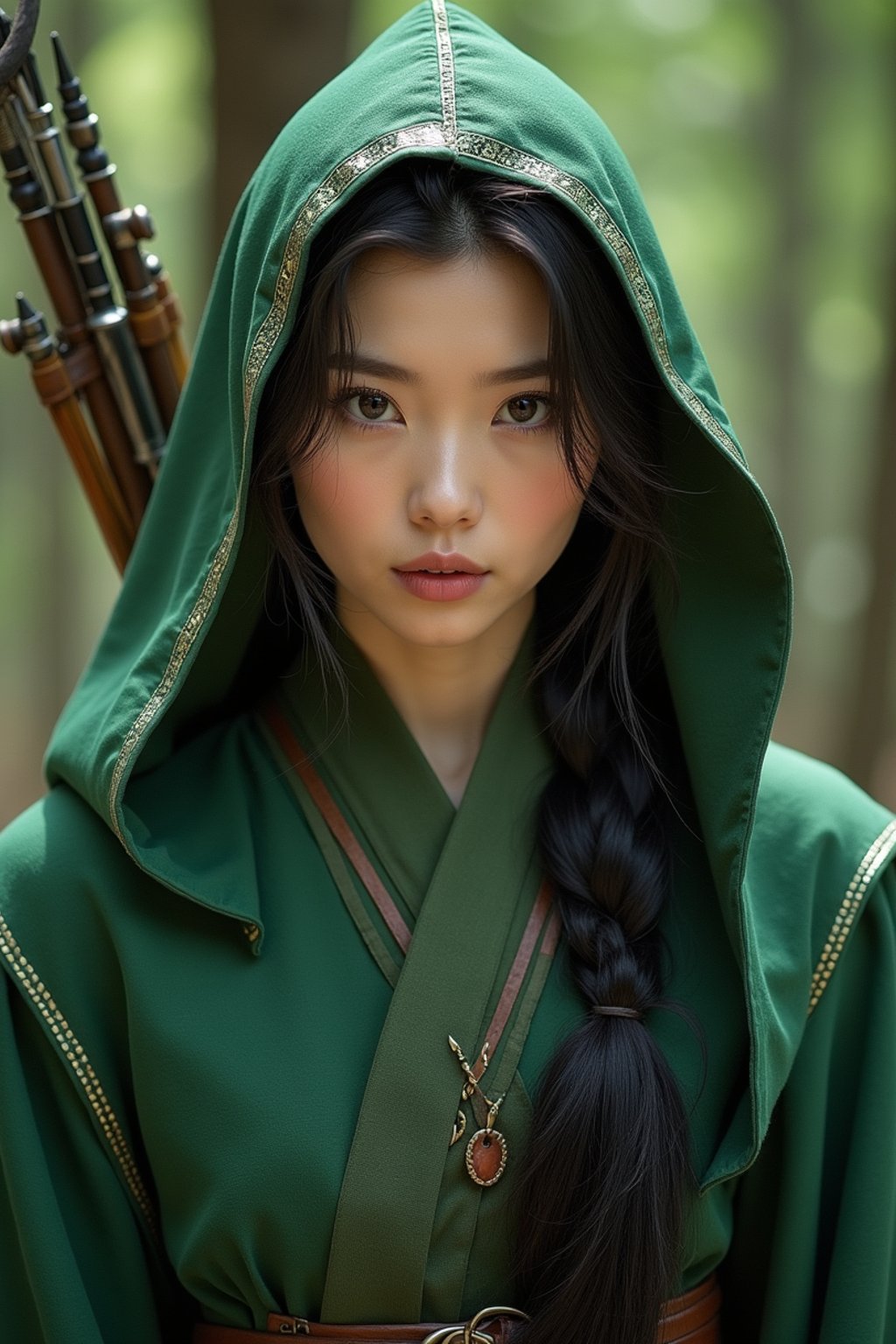 woman as a Medieval Elf Archer Warrior in Green Robe