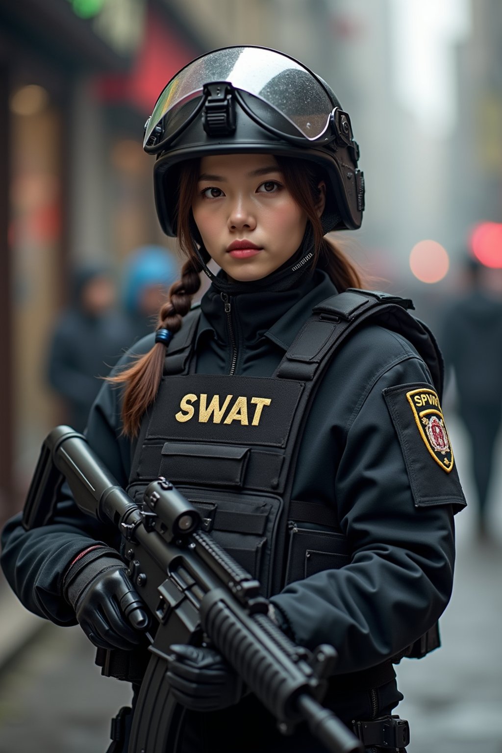 woman as a SWAT Officer. wearing black swat vest, swat helmet, holding pdw