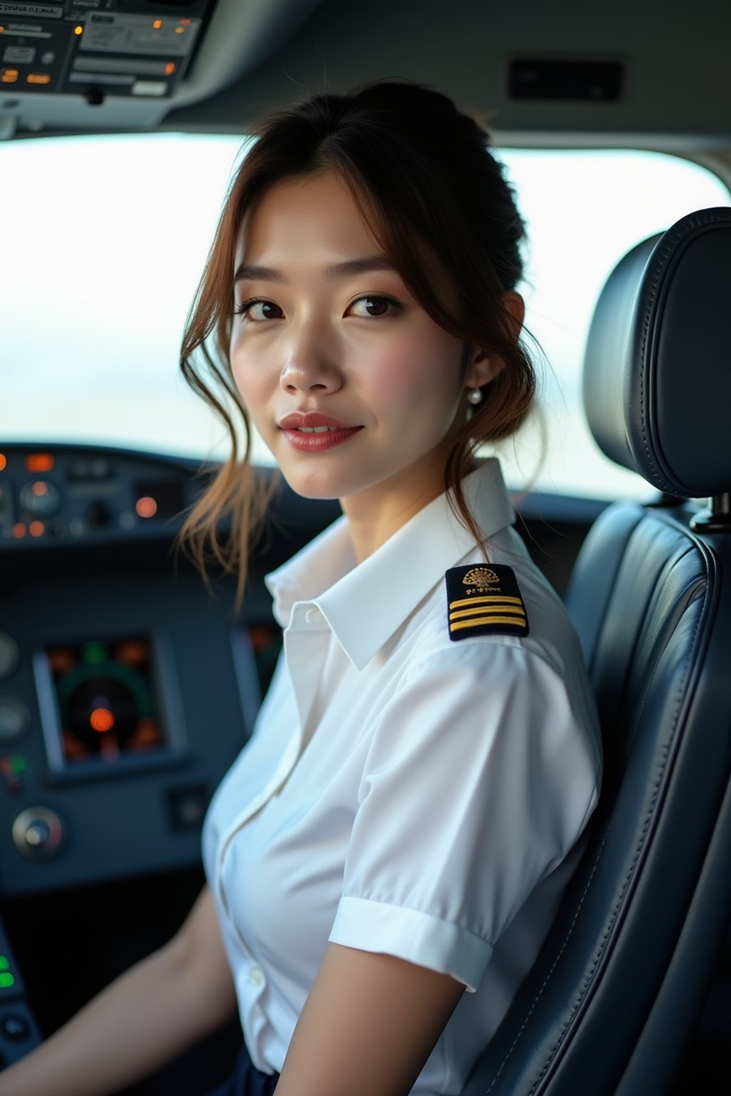 woman as a Airline Pilot inside the Cockpit with white shirt Pilot Uniform