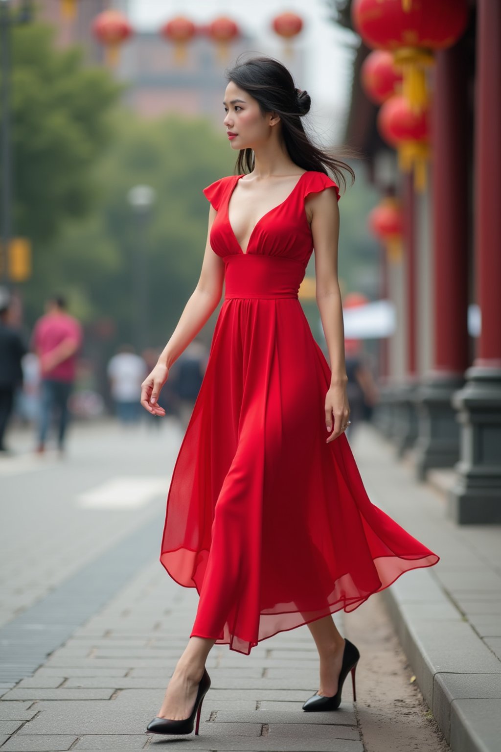 woman in red  dress showing cleavage walking on the curb in black  high heels