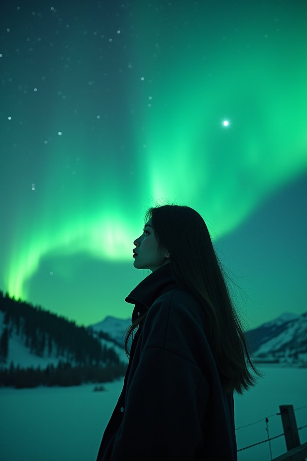 woman at night at the Northern Lights Aurora Borealis