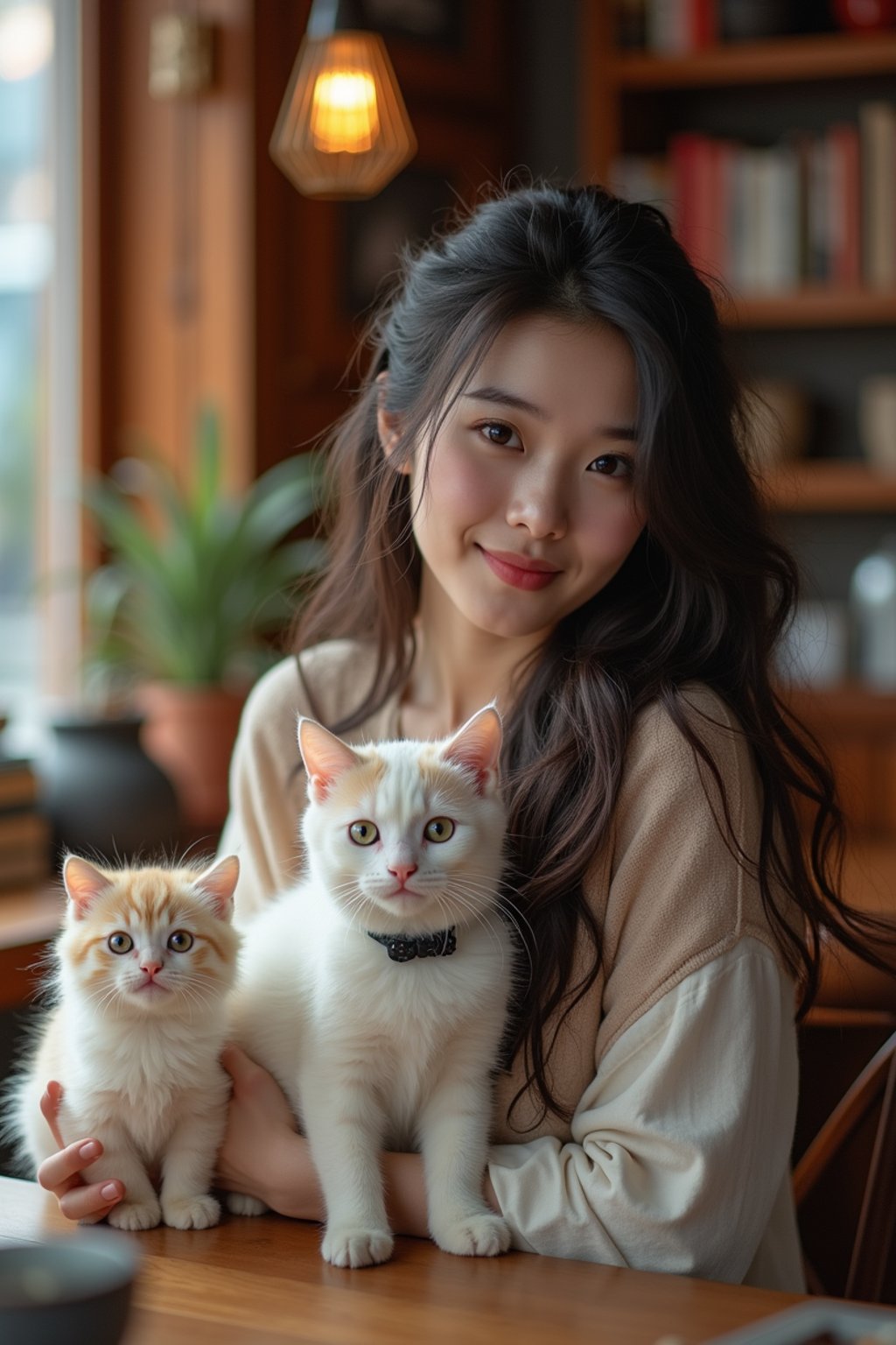 woman in a Cat Cafe with many cute Cats and Kittens around them