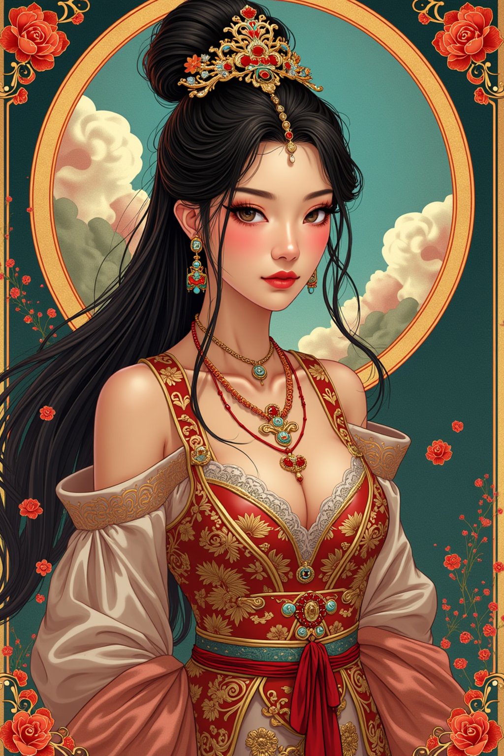 illustration of woman as Mythical Tarot Cardin the style of moebius and mohrbacher and rossdraws and ross tran and alphonse mucha and ayami kojima, pixar style, maya engine, splash comics style, tarot card style, art nouveau, rich bright colours