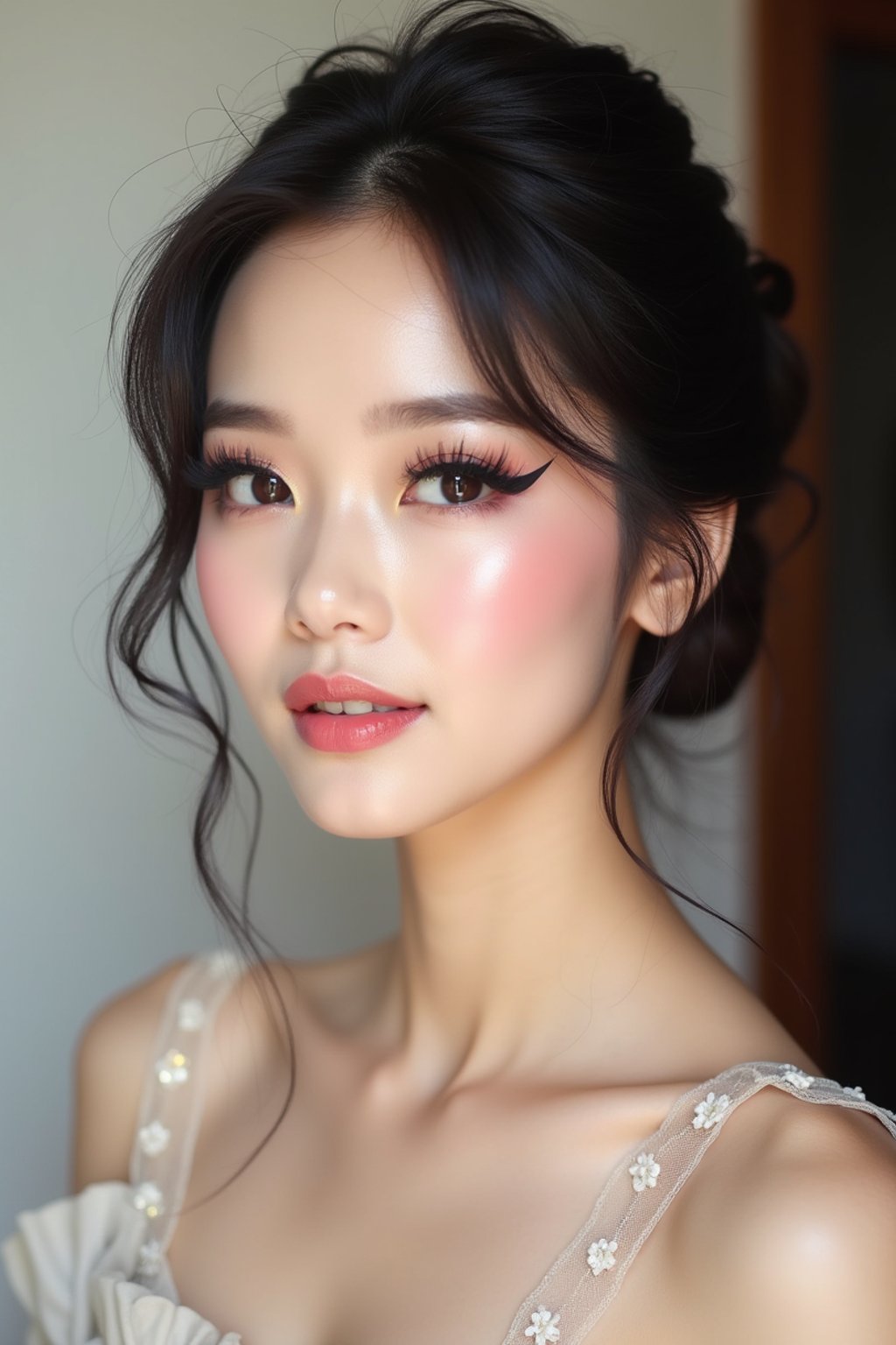 make up ideas for woman. fake eyelashes, perfect cat eyeliner, light pink lipstick