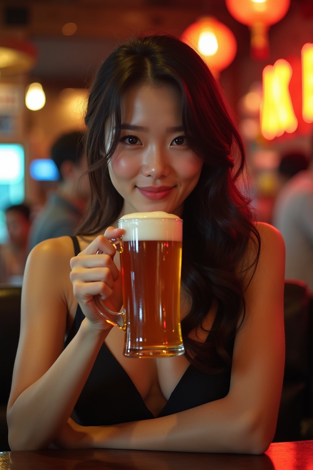 woman in a busy bar drinking beer. holding an intact pint glass mug of beer