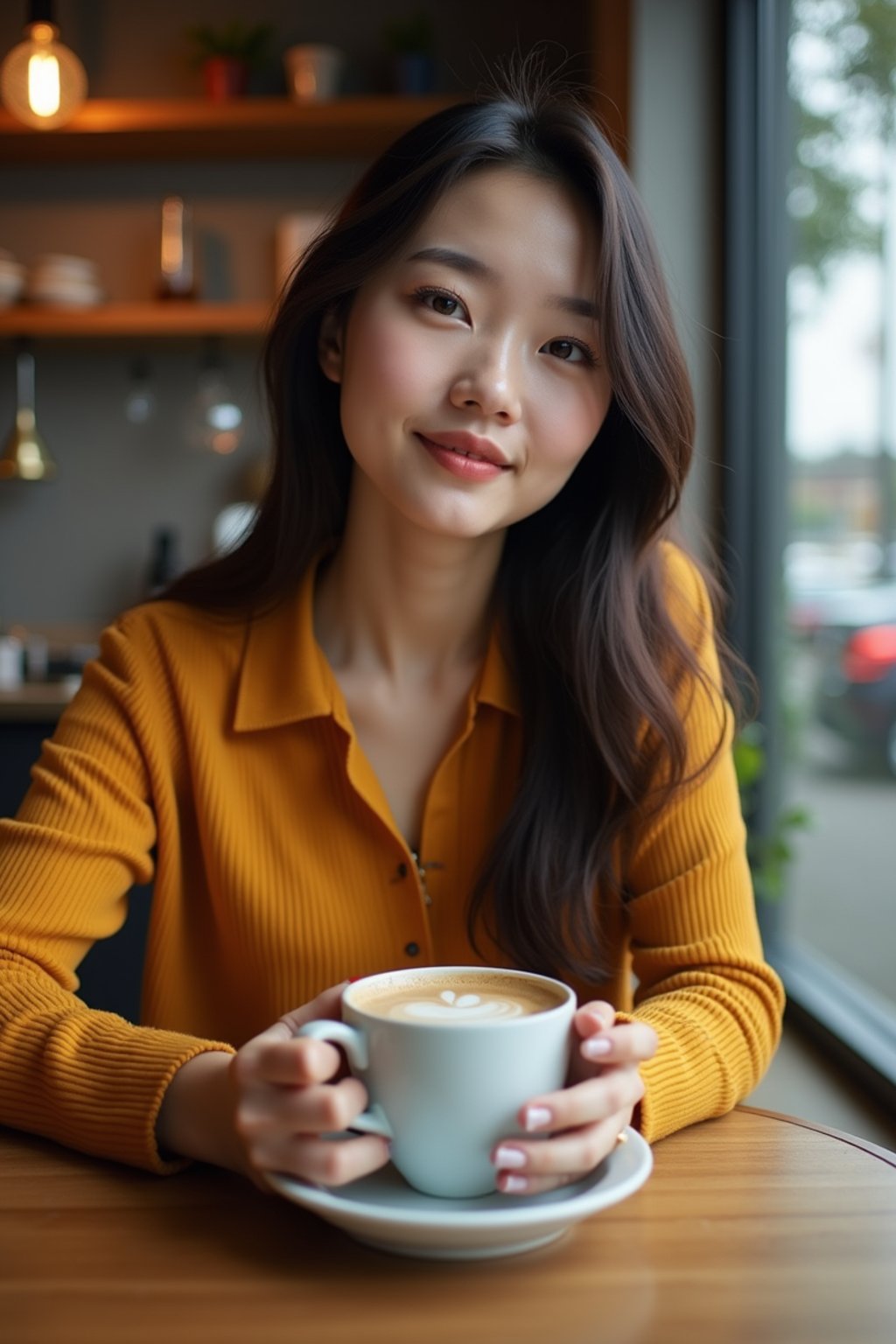 woman in hipster coffee place with coffee cup on table