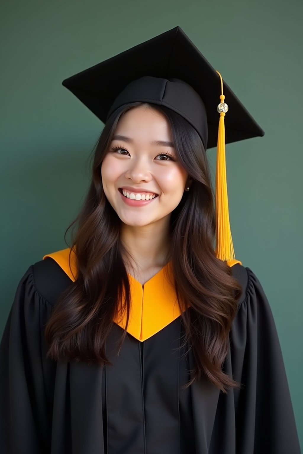 happy  woman in Graduation Ceremony wearing a square black Graduation Cap with yellow tassel at college