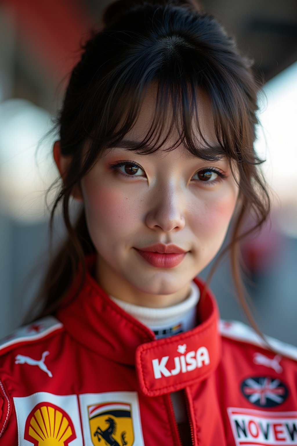 Ultra realistic photograph of woman as Formula 1 race driver