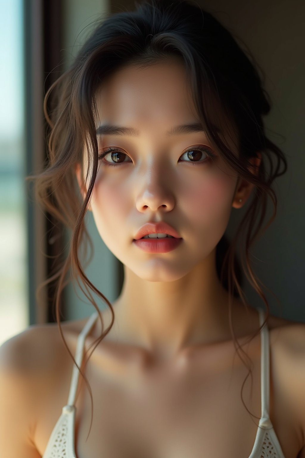 woman wearing  bikini or lingerie in  FHM maxim centerfold photoshoot. intact eyes, symmetrical eyes, realistic skin texture. hyper realistic eyes. photorealistic