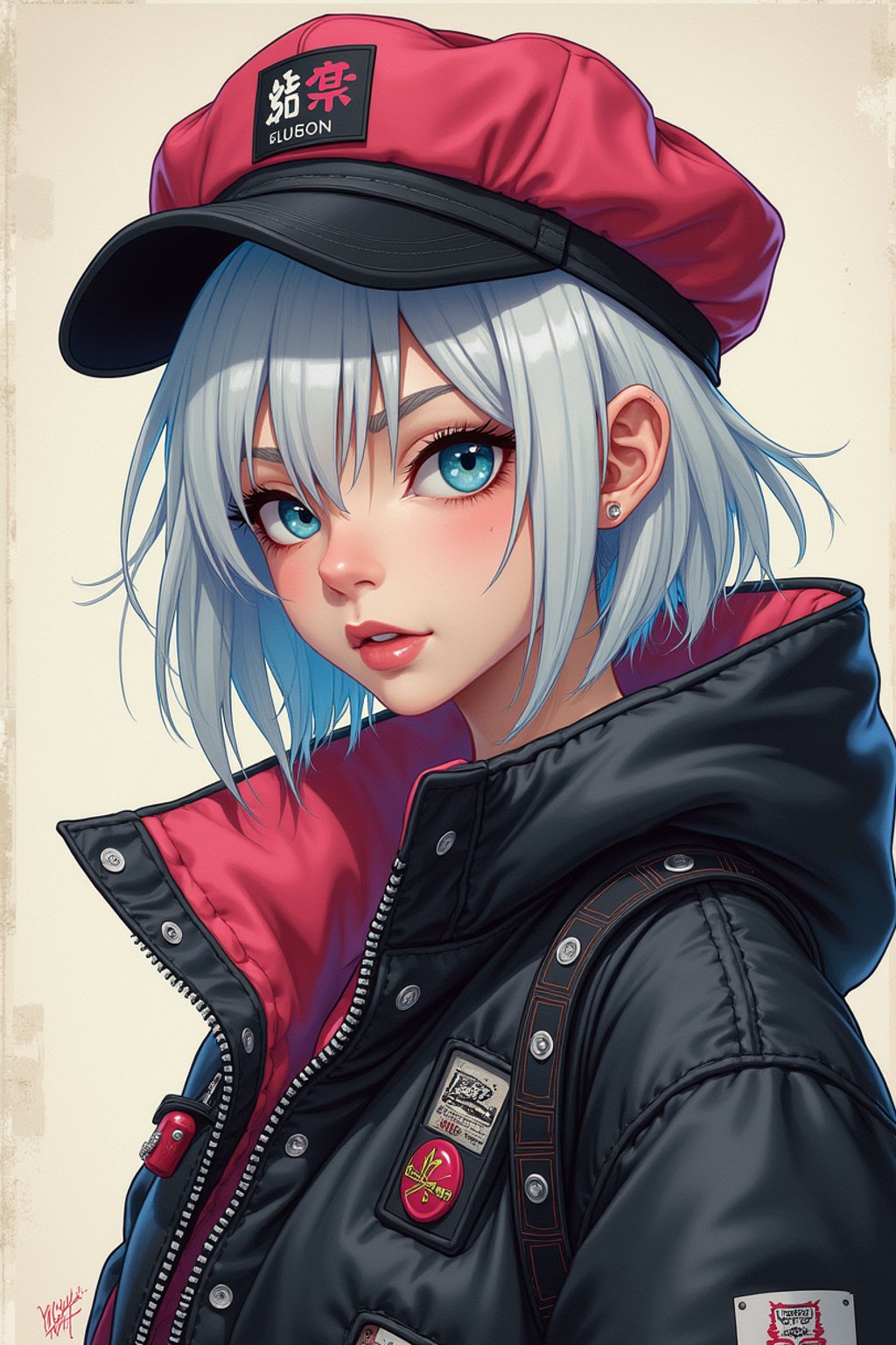 full body of a street punk woman student, blue eyes, bubble jacket, hat, white hair by atey ghailan, by greg rutkowski, by greg tocchini, by james gilleard, by joe fenton, by kaethe butcher, gradient pink, black, brown and light blue color scheme, grunge aesthetic