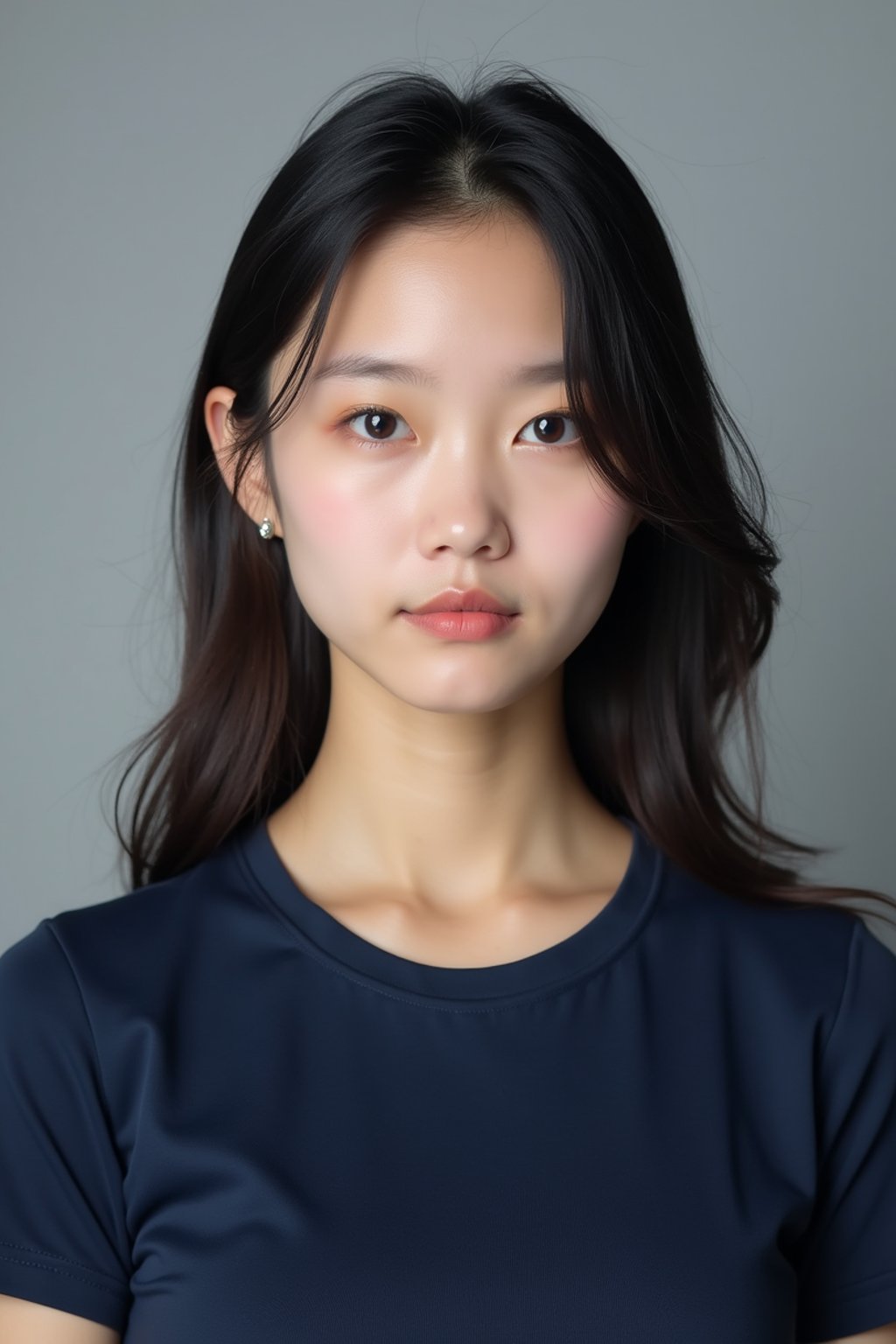 woman as official passport photo for government documents. wearing a dark blue navy t-shirt. photorealistic. light gray background. entire face visible. entire head visible