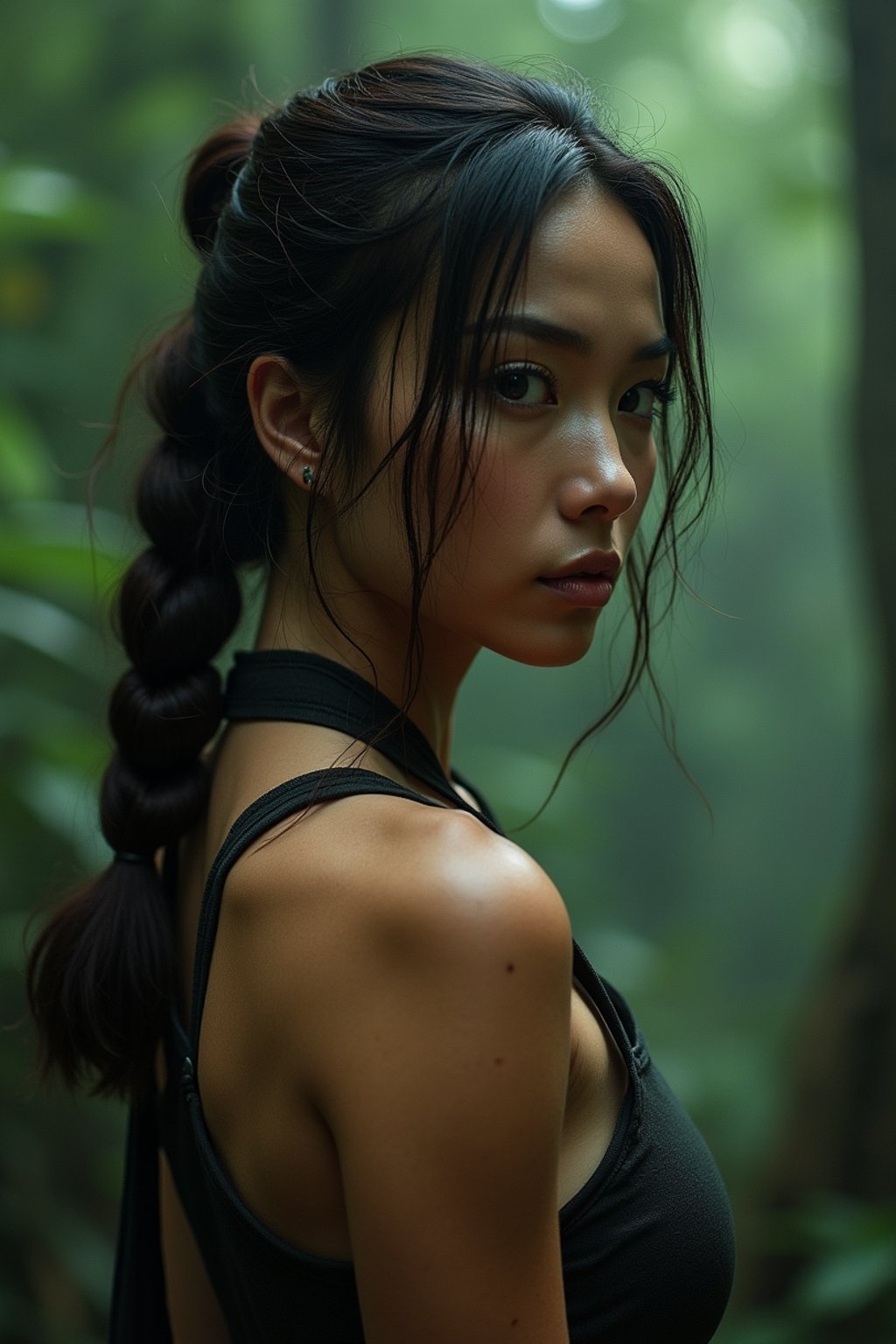 woman   as Lara Croft in Tombraider, in rainforest, cinematic lighting