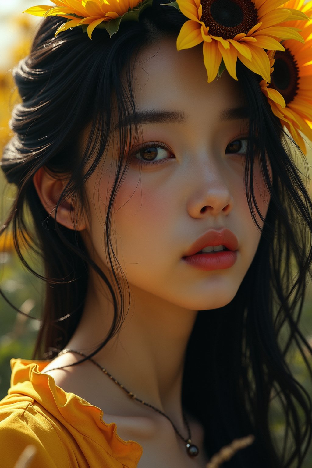 Close face shot of a woman with a sunflower in hair, summer season, moody scene,, intricate, sharp details, summer vibe, gorgeous scene by gaston bussiere, craig mullins, somber lighting, drawn by giacomo burattini, inspired by graphic novel cover art, hyperrealistic, 8 k by rhads