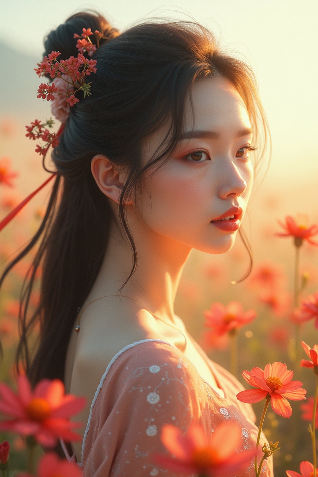 woman | standing in field full of flowers | detailed gorgeous face! ! | full body! ! | god rays | intricate | elegant | realistic | hyperrealistic | cinematic | character design | concept art | illustration | digital art | digital painting | depth of field