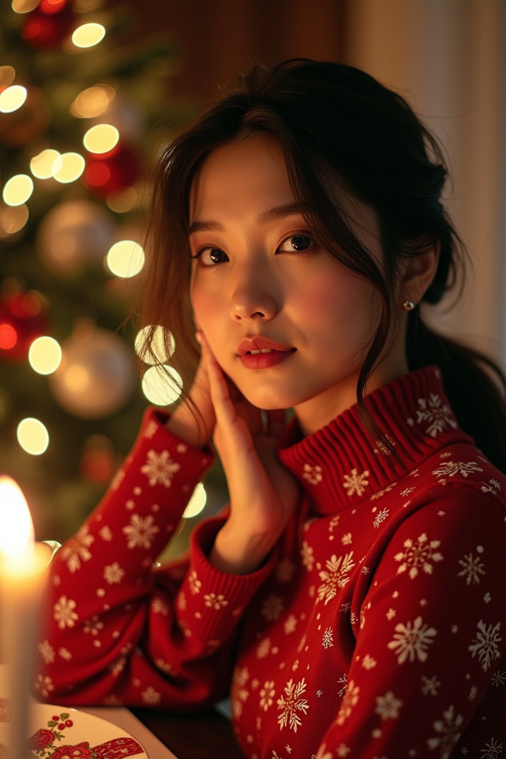 woman at Christmas dinner wearing Christmas style clothes. Christmas tree in background. Christmas lights