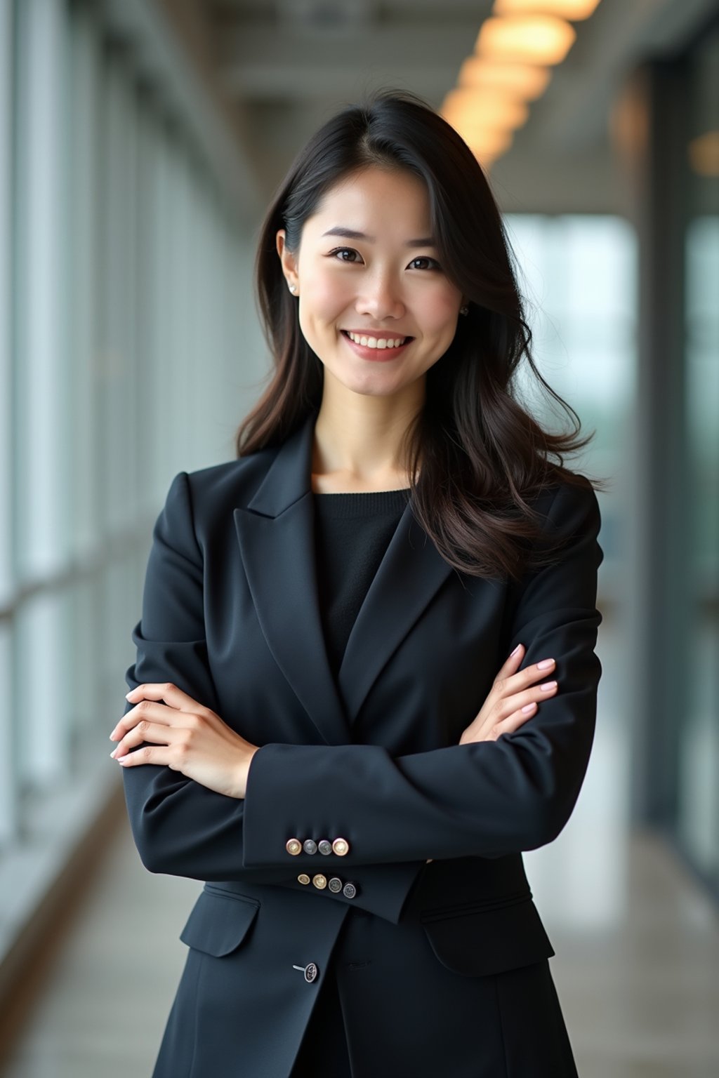 wide LinkedIn profile photo of a professional business woman as a confident professional business woman standing in a modern office. LinkedIn professional profile photo. most popular person on LinkedIn