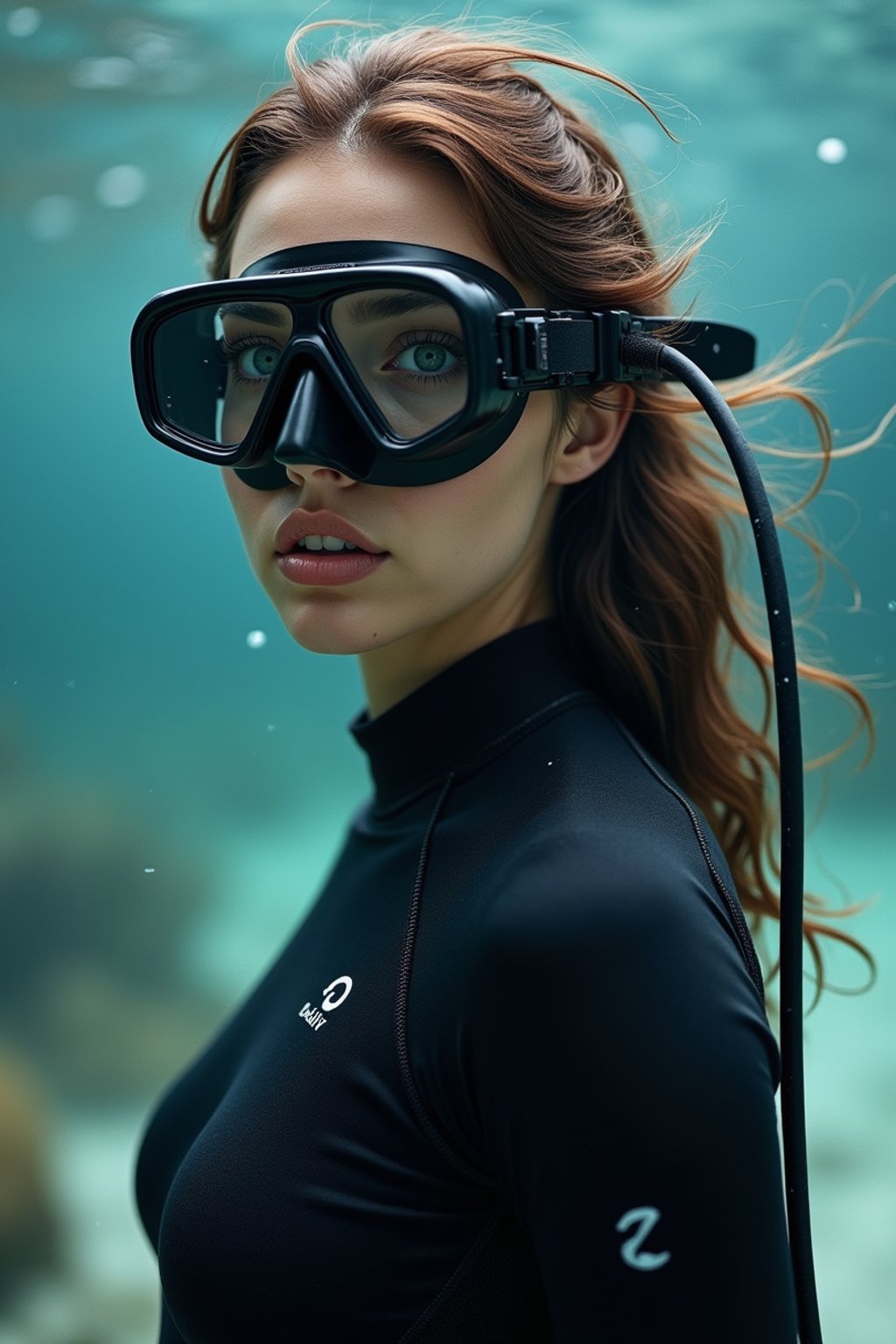 woman as a scuba diver wearing diving goggles and wearing a wetsuit