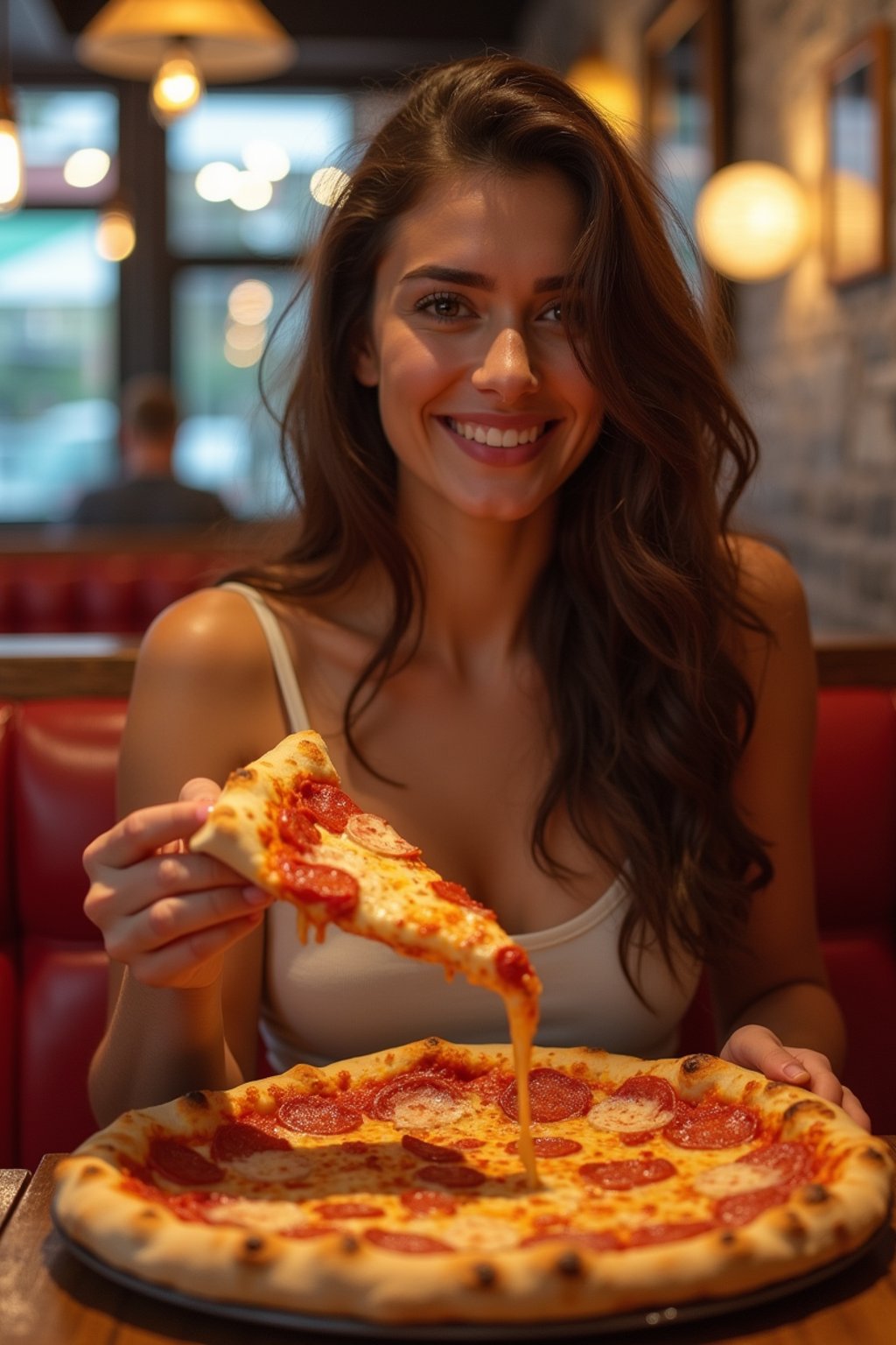 woman sitting in a restaurant eating a large pizza