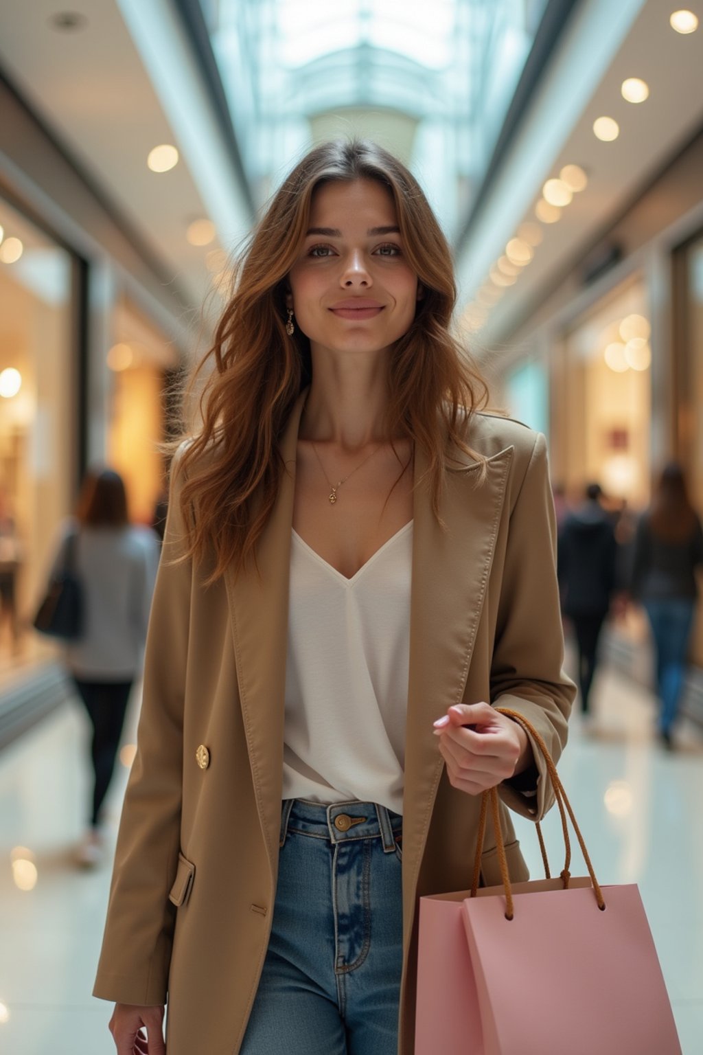 woman walking in a shopping mall, holding shopping bags. shops in background