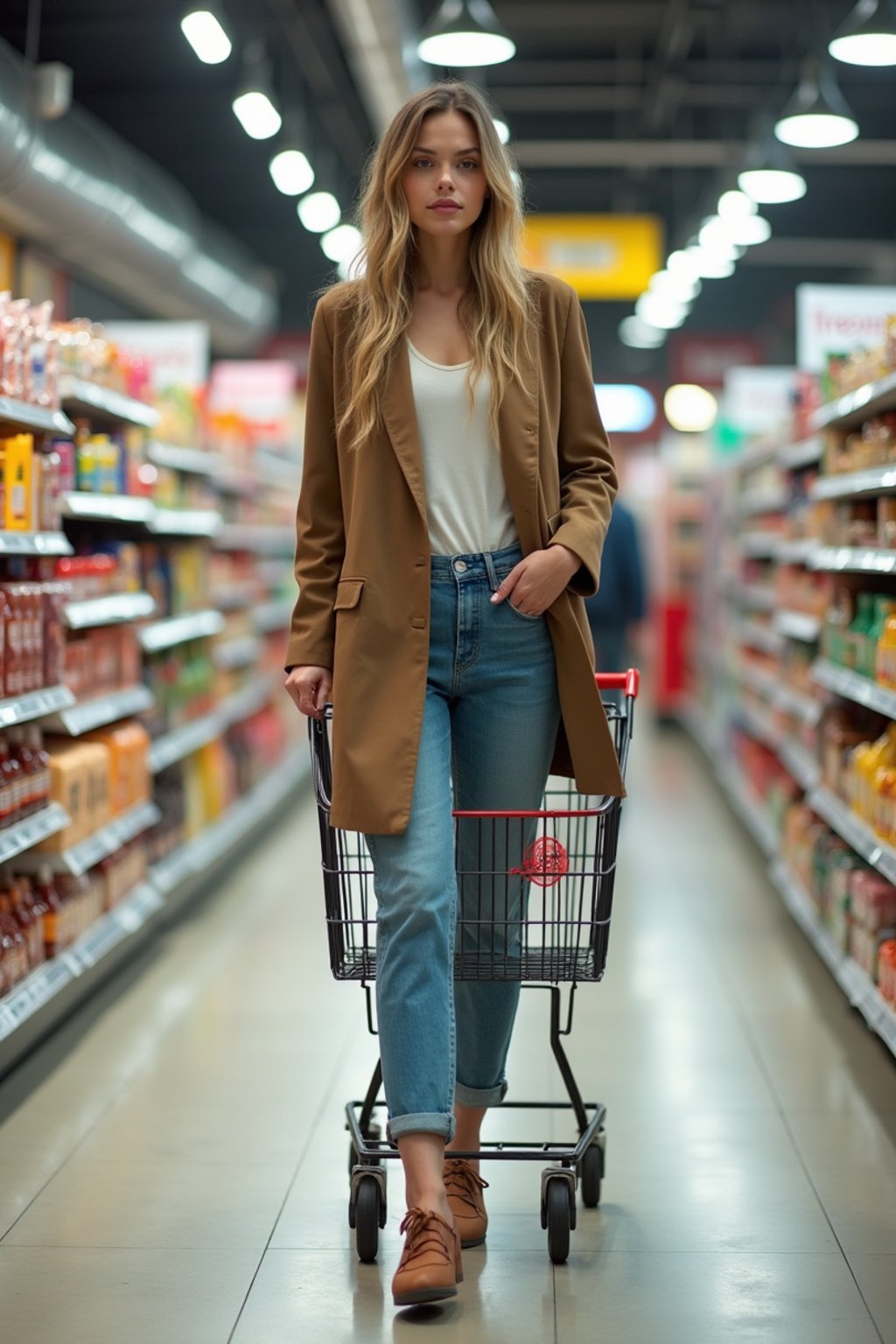 woman in Supermarket walking with Shopping Cart in the Supermarket Aisle. Background of Supermarket