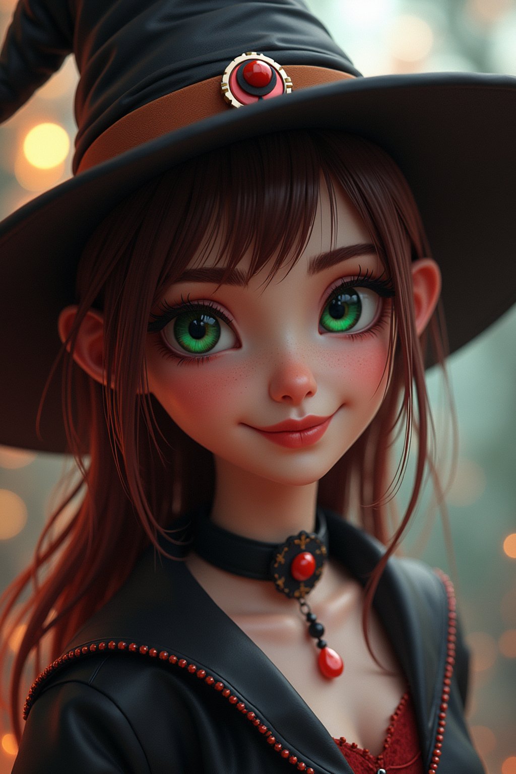 woman as the personification of the Halloween holiday in the form of woman with a villain's smile, (cute)cute hats, cute cheeks, unreal engine, highly detailed, artgerm digital illustration, woo tooth, studio ghibli, deviantart, sharp focus, artstation, by Alexei Vinogradov bakery, sweets, emerald eyes