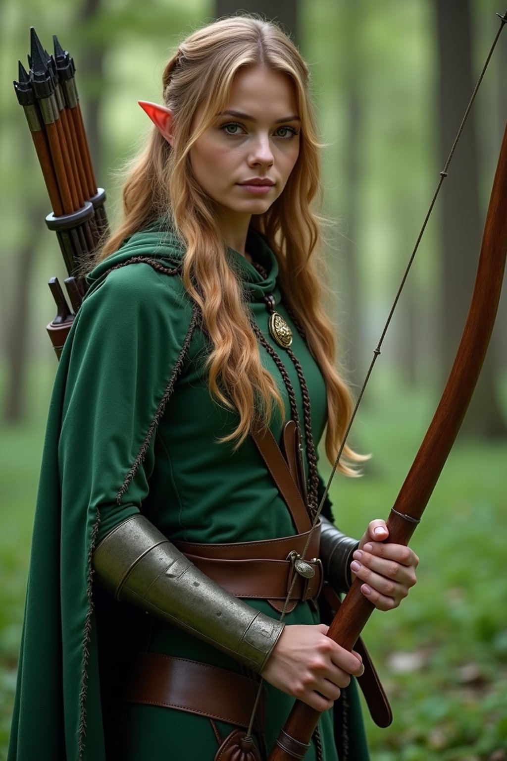 woman as a Medieval Elf Archer Warrior in Green Robe