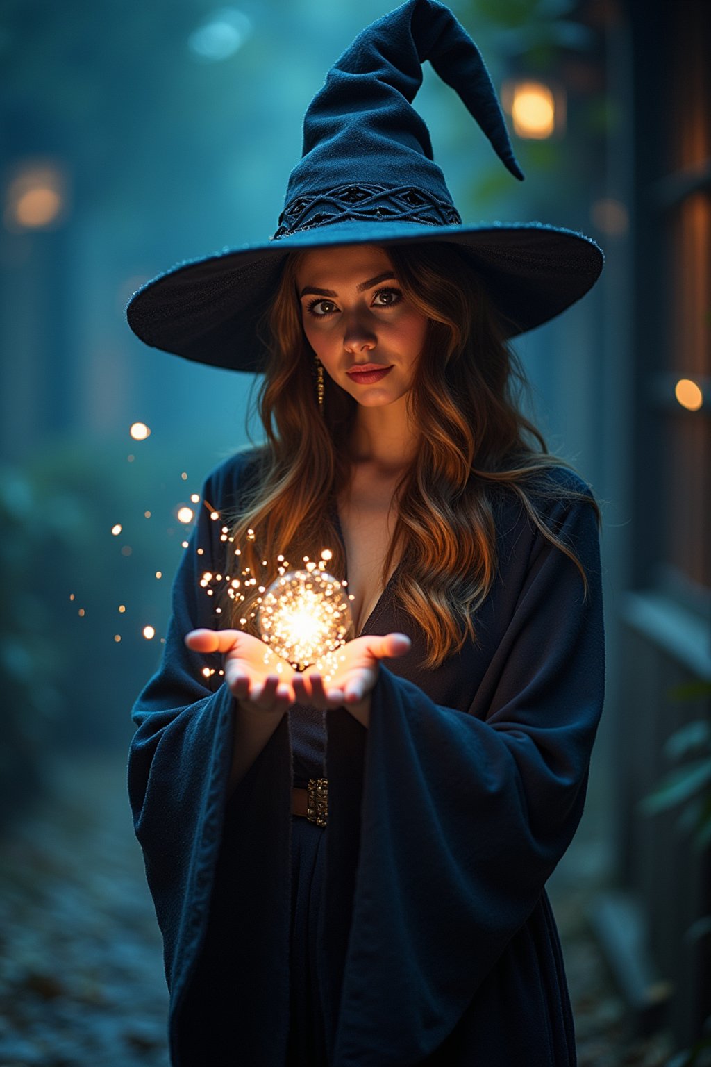 woman as a Wizard with a Wizard robe and big hat, crystal magic, dramatic light