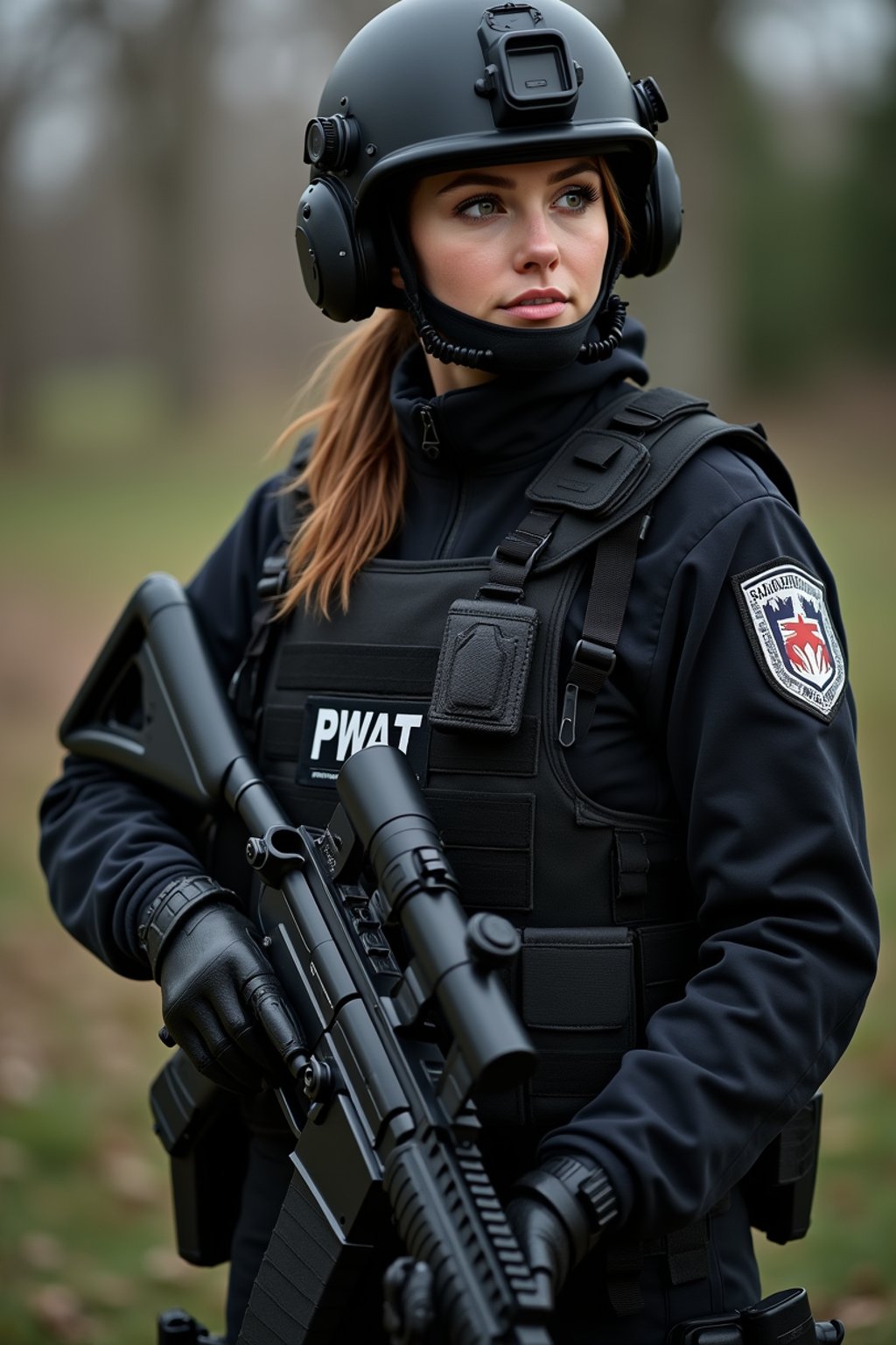 woman as a SWAT Officer. wearing black swat vest, swat helmet, holding pdw