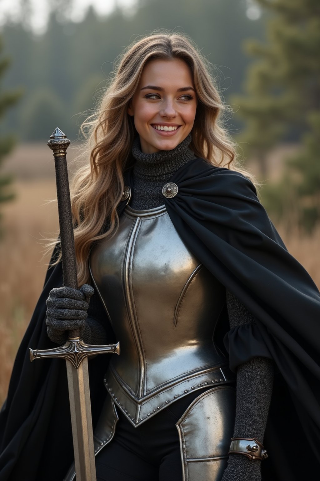 happy woman as a Medieval Knight in silver armor, wearing a black elegant cape flowing in the wind, the knight holds a sword in one hand