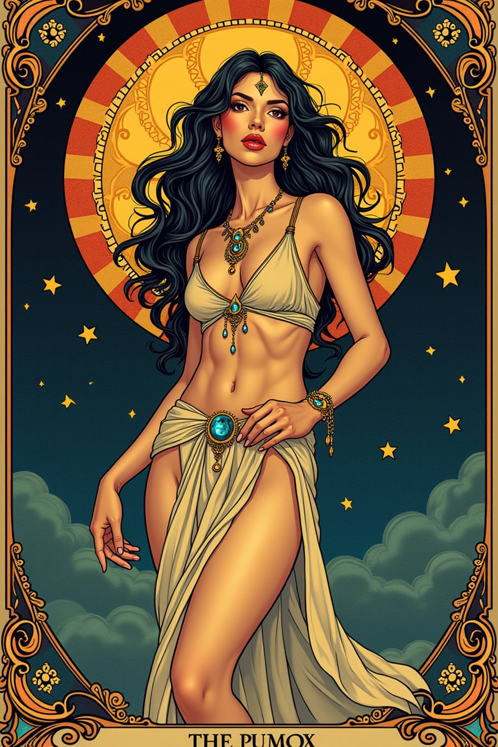 illustration of woman as Mythical Tarot Cardin the style of moebius and mohrbacher and rossdraws and ross tran and alphonse mucha and ayami kojima, pixar style, maya engine, splash comics style, tarot card style, art nouveau, rich bright colours