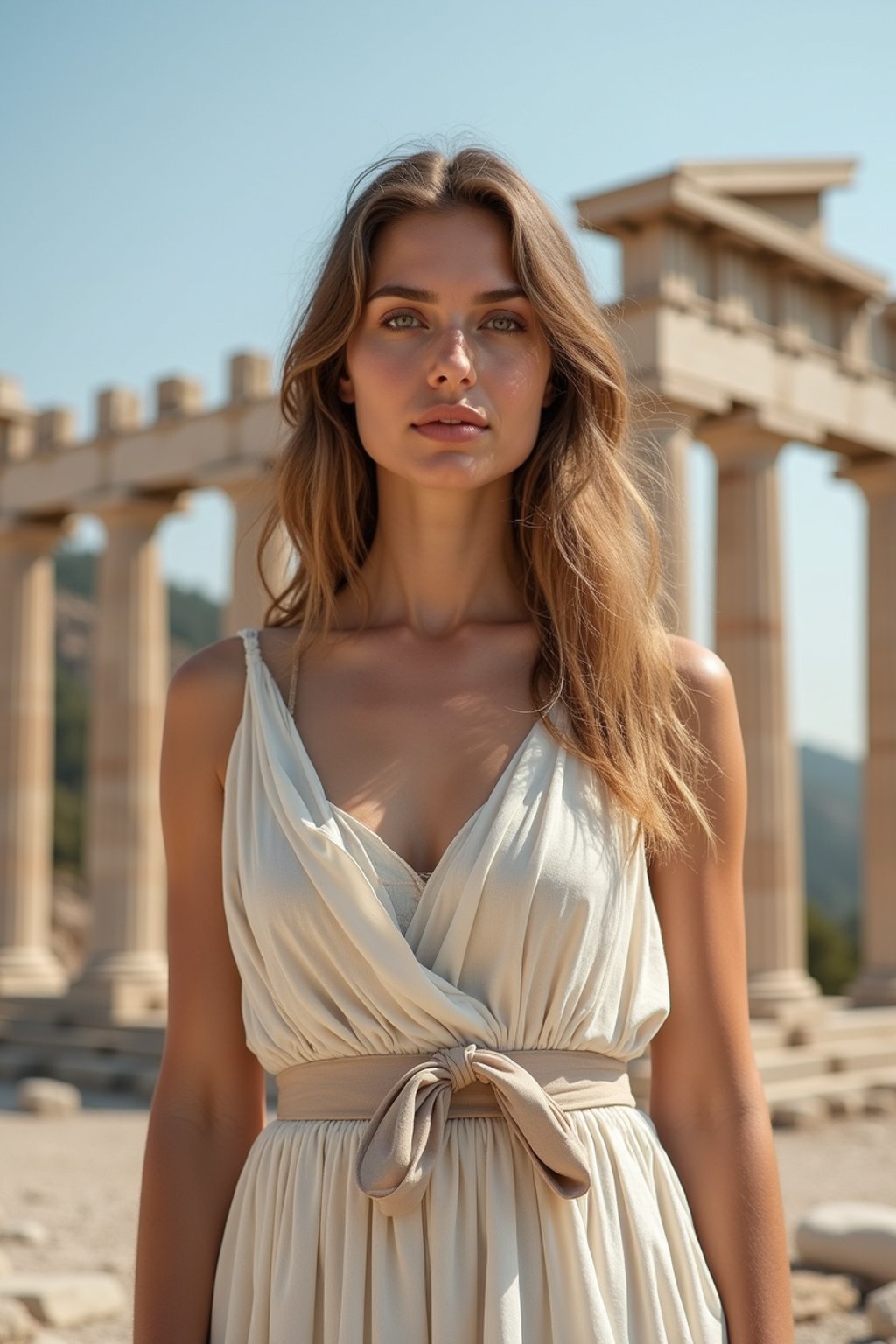 woman as Ancient Greek philosopher in 500 B.C., Ancient Roman white clean new temple in background