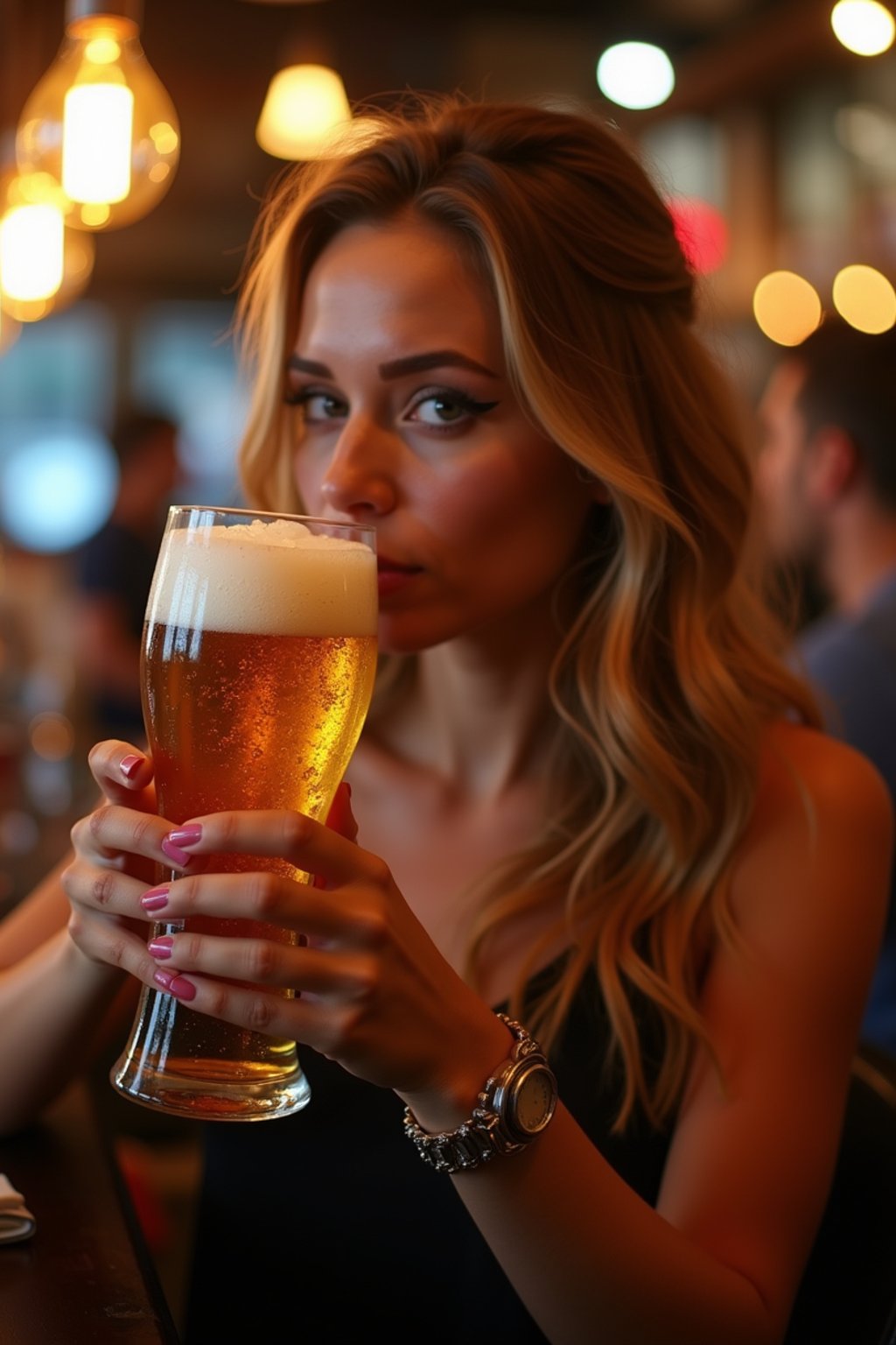 woman in a busy bar drinking beer. holding an intact pint glass mug of beer